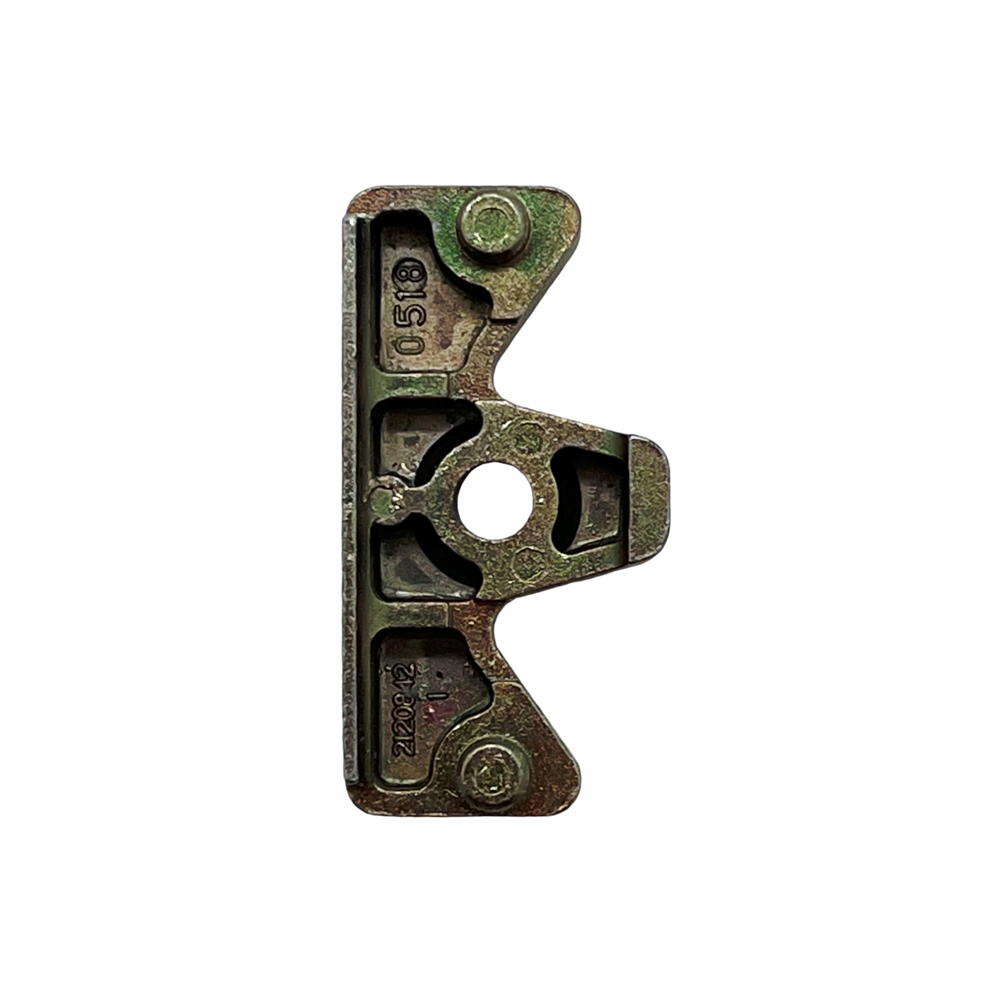 [BA] Roto Centro 101 Anschlag für Niveauschaltsperre M803A03008, mechanical part, metallisches Bauteil, Schnappmechanismus, rostige Oberfläche, Lochmuster