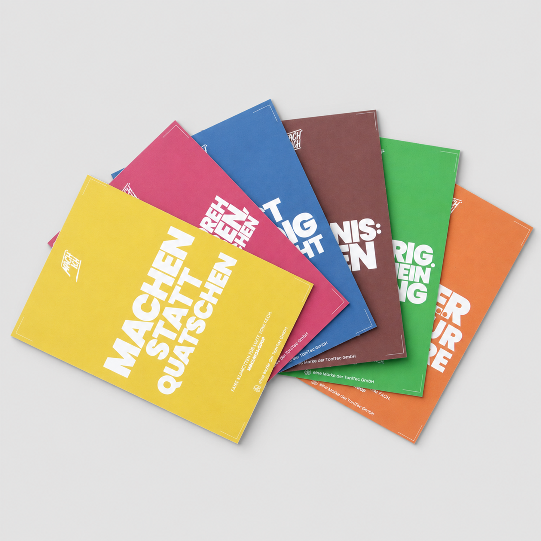 MACH ICH® Postkarte Set (gelb/pink/orange/grün/blau/braun), Farbfaltige Broschüren, Bunte Plakate, Kartenbroschüre, Quadratisches Layout, Mehrfarbiges Design