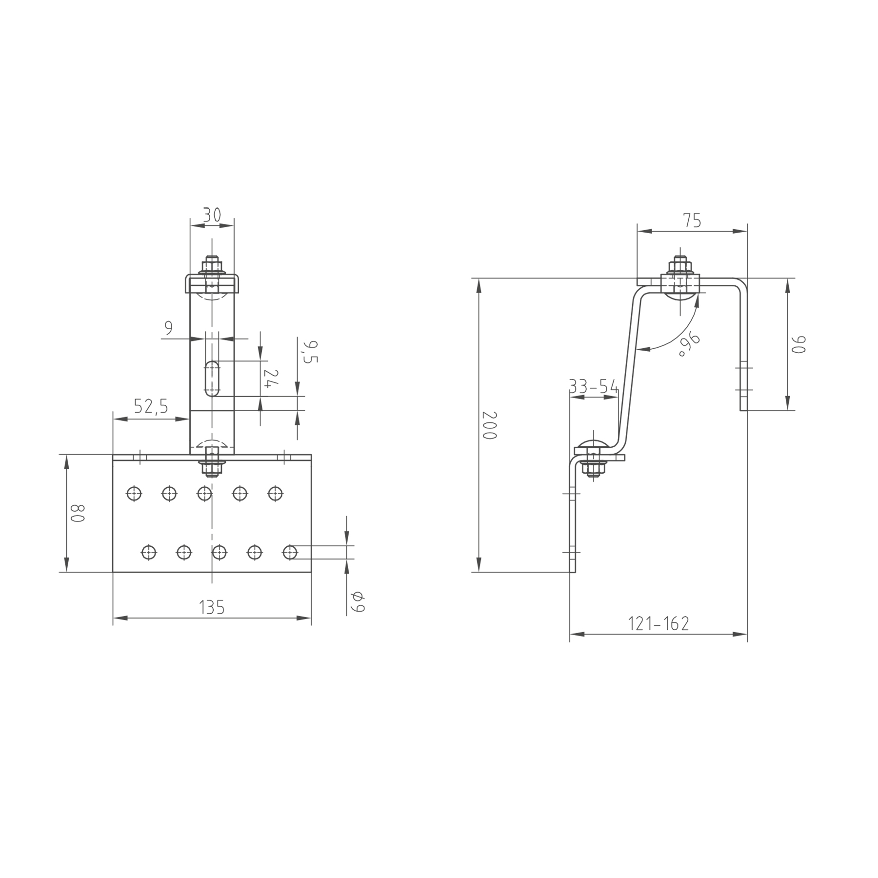 Dachhaken Edelstahl verstellbar 4 Stück inkl. Tellerkopfschrauben, Schematisch, Technische Zeichnung, Halterung, Bolzen, Maße