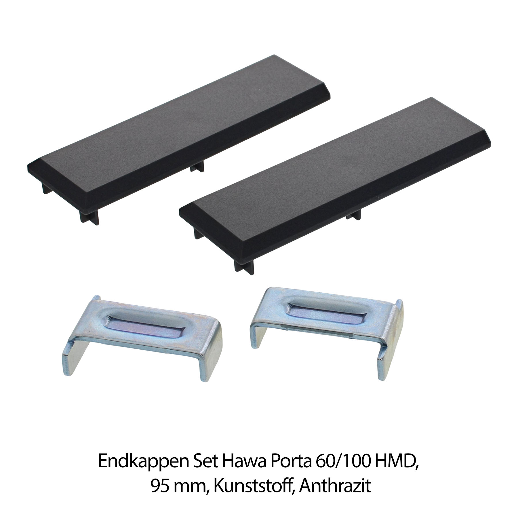 Hawa Porta 60 Schiebetürbeschlag Komplett-Set inkl. Aluminium Clip-Blende  für 1 Holztür 2500 mm Wandmontage, Endkappen, Set, Hawa Porta, 60/100, Anthrazit, Endkappen, Set, Hawa Porta, 60/100 HMD, Anthrazit, Endkappen Set, Hawa Porta 60/100, Kunststoff, A