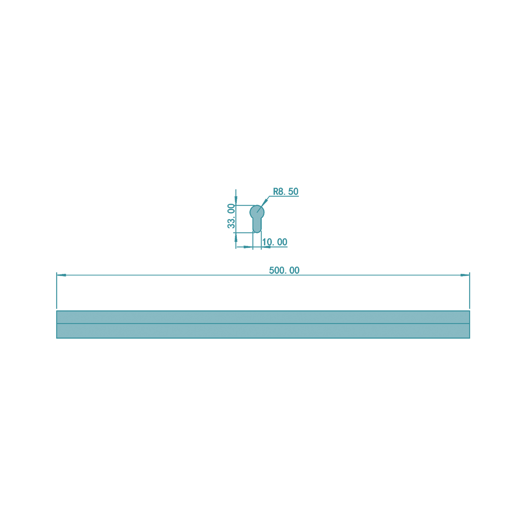 FEPS Tool Zylinder Profilstange Montagestange PZ-Profil Aluminium blank 500mm, lineare-bemaßung, maßangabe, zeichnungen, technik-drawing, r14-50