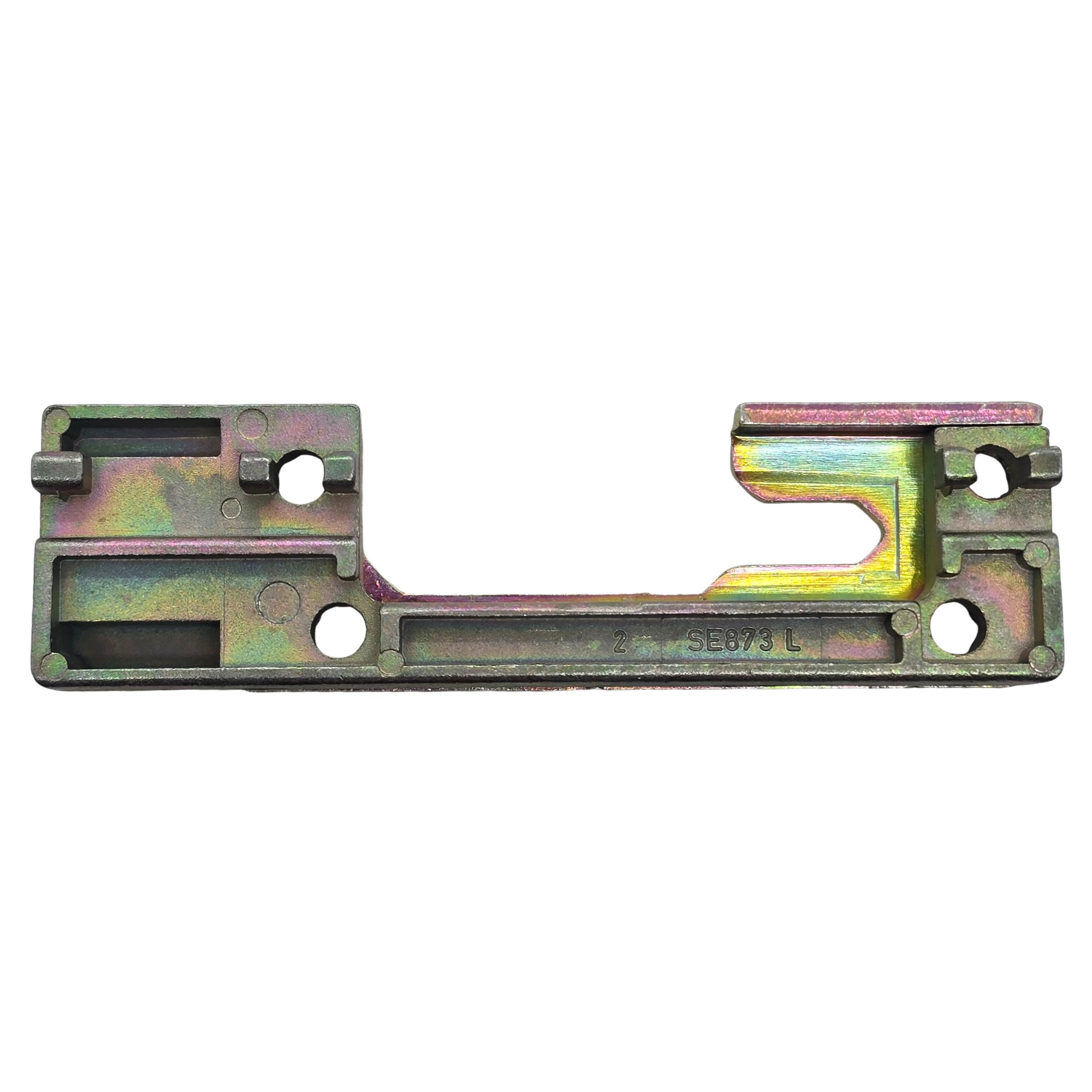 [BA] AubiI Sicherheitsschließblech SE873 L, Links, mechanical part, metallisches Bauteil, iridiszierende Oberfläche, Schlitze, Loch