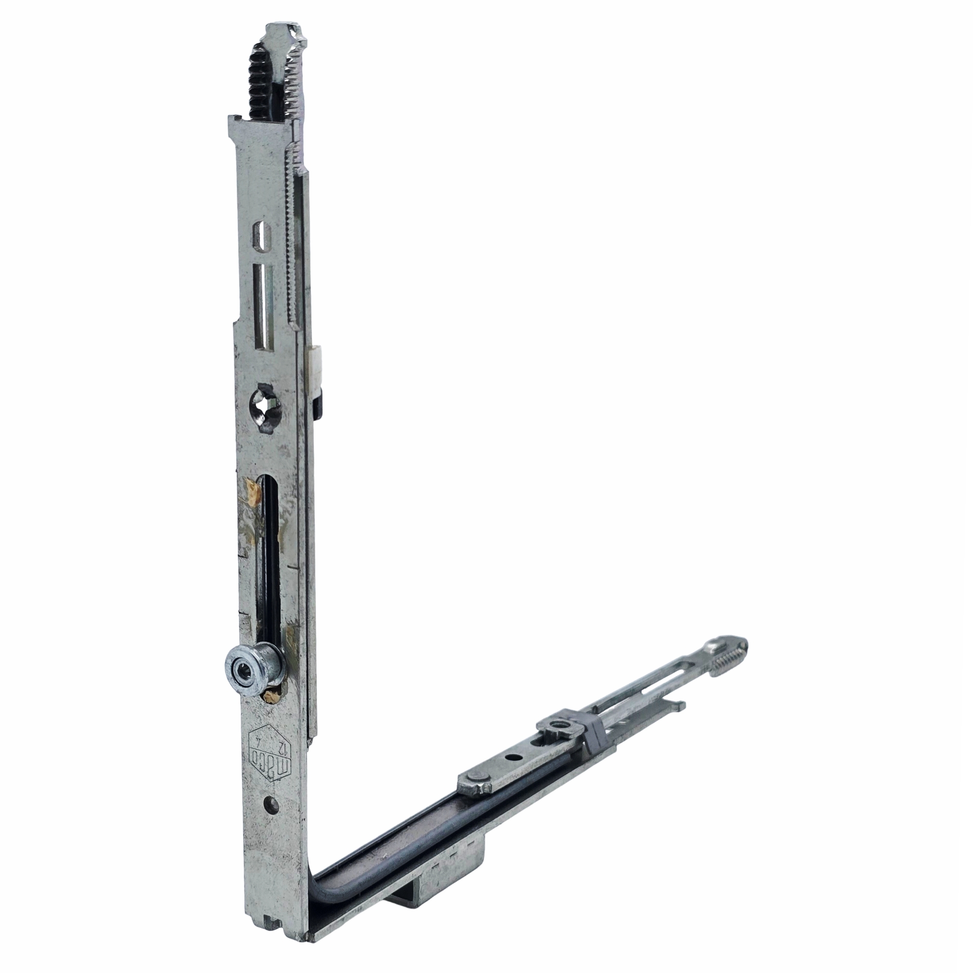 [BA] Maco Eckumlenkung A  mit aufgeschweißtem Schließteil mit 1 i.S. ohne Verbindungsplättchen, Schiebetürführung, Gleitschiene, Metallteil, Schließmechanismus, Klemmplatten