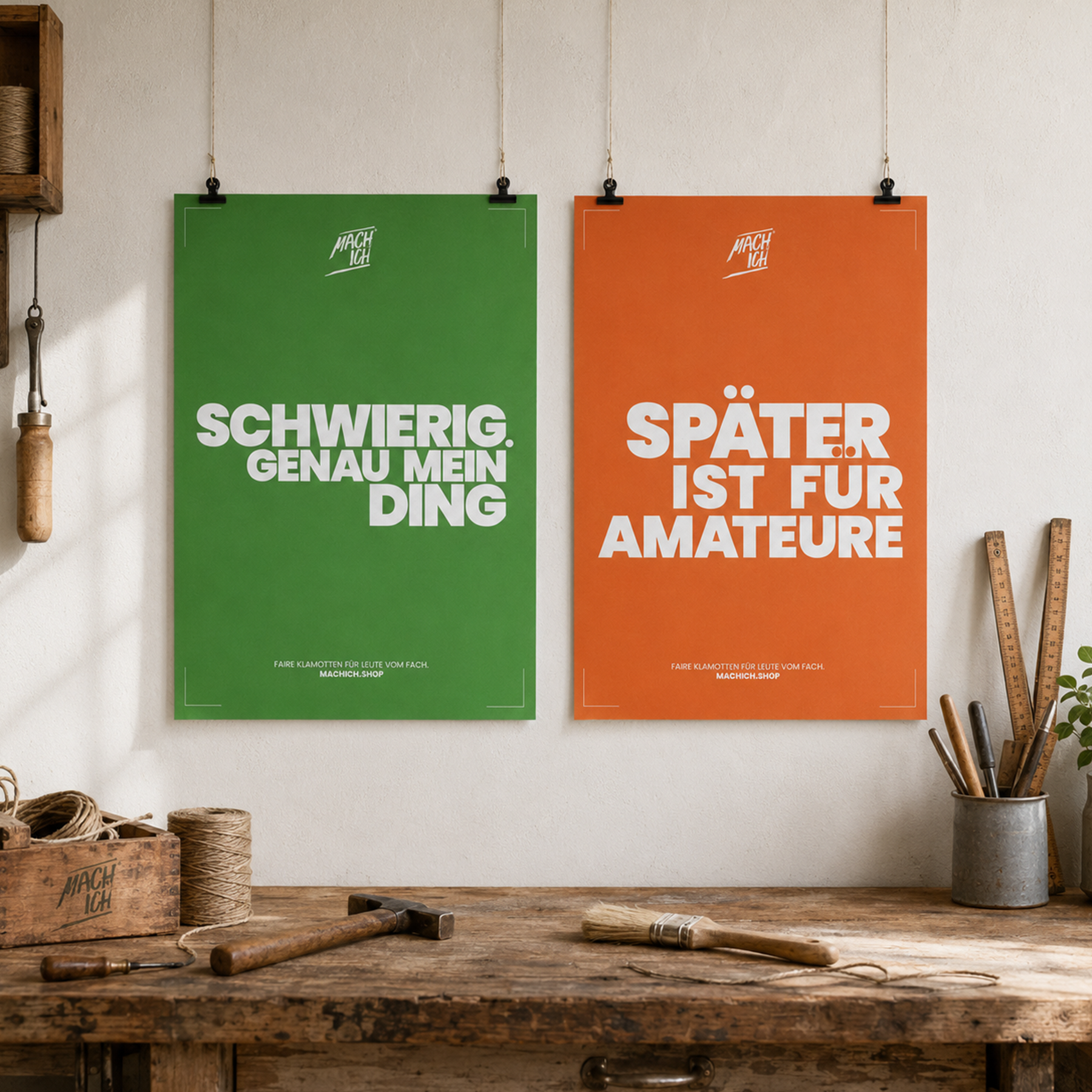 MACH ICH® Poster beidseitig 50x70 cm grün/orange SCHWIERIG GENAUMEIN DING (grün) + SPÄTER IST FÜR AMATEURE (orange), Poster, Grüner Poster, Oranger Poster, Typografie, Werkstatt-Dekoration