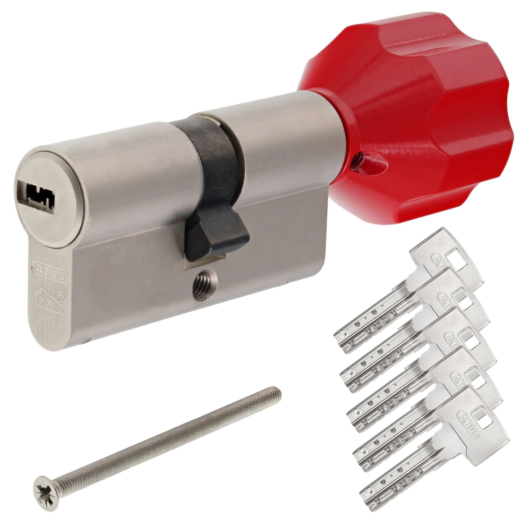 ABUS EC550 Zylinder mit EasyTurn Knauf rot verschiedenschließend mit ToniTec CodeCard inkl. 5 Schlüssel Größe 55/45K, Zylinderschloss, Schloss, Verriegelungsmechanismus, Schraube, Schlüssel, Stahlverschluss
