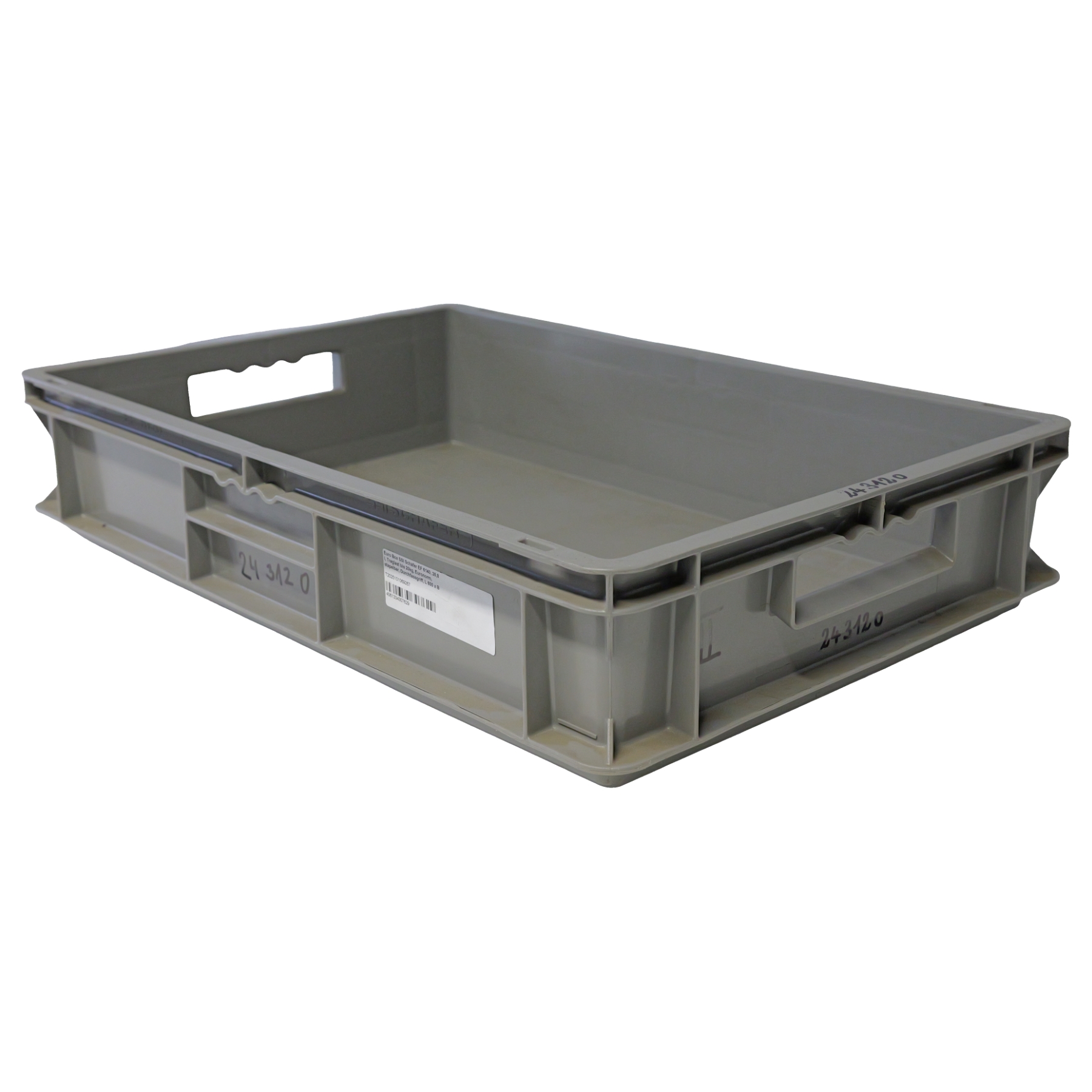 Euro Box SSI Schäfer EF 6140, 26,8 l, Traglast bis 20kg, Euronorm, stapelbar, Durchfassgriff, L 600 x B 400 x H 140 mm, Plastikbox, Kiste, Kasten, Grau, Offen