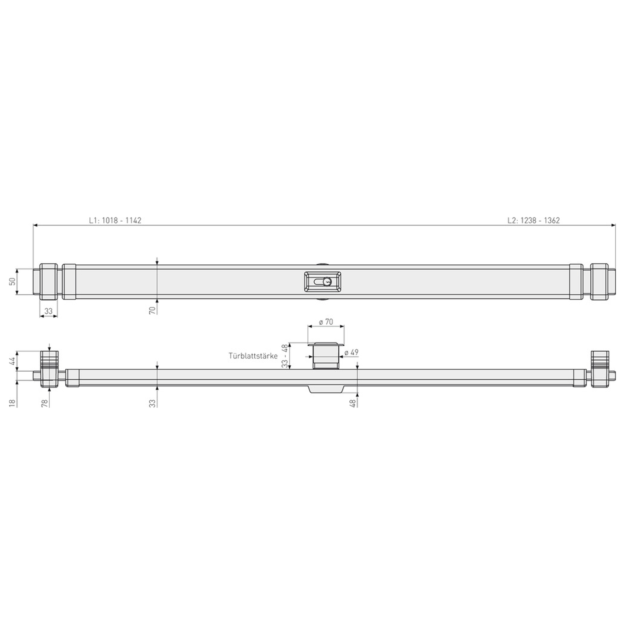 [BA] Abus Panzerriegel PR2800 W-Weiß L2 Türbreite 980-1200 mm, Türschloss, Griff, Bauplan, Maßzeichnung, Mechanismus