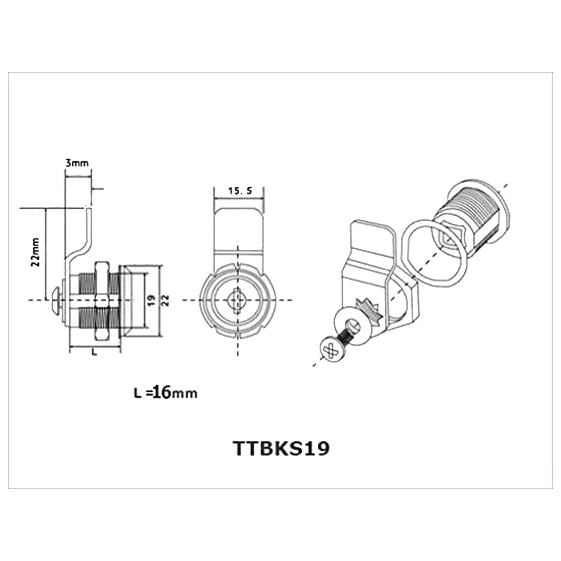 ToniTec Briefkastenschloss TTBKS1920 M19 gleichschließend M19x16 mm, CAD-Diagramm, Diagramm, Maschine, Sprach, CAD-Diagramm, Diagramm, Maschine, Sprach