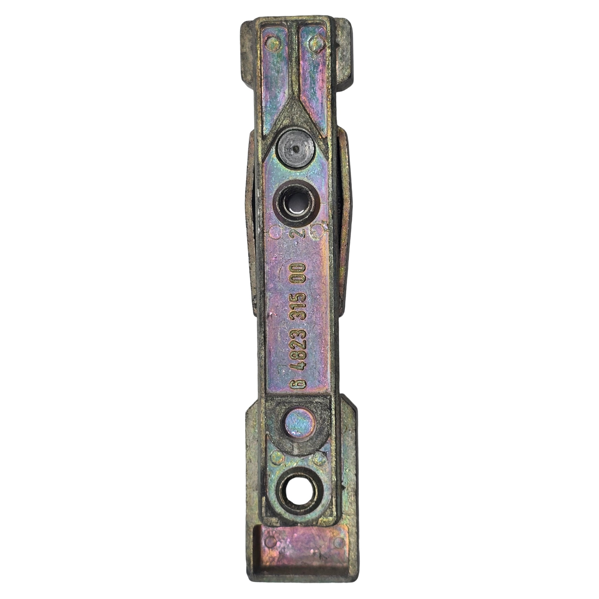 [BA] Roto Kippschließblech, verstellbar K604B828, K604A828, 6482331500, mechanischer Teil, Metallclip, industrielles Bauteil, verrostete Oberfläche, Lochbohrung