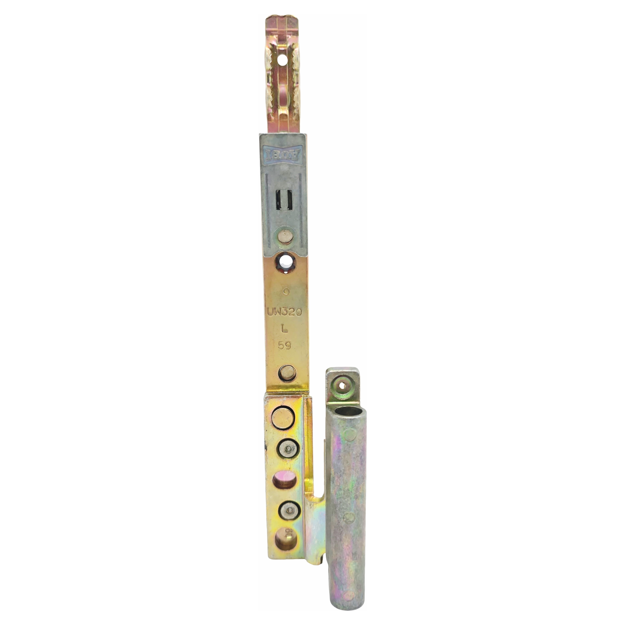 [BA] Aubi Eckumlenkung mit Eckband UW 320 L, elektrischer Anschluss, Metall-Scharni​er, Industrieverschluss, Schlitz, Kupfergoldene Oberfläche