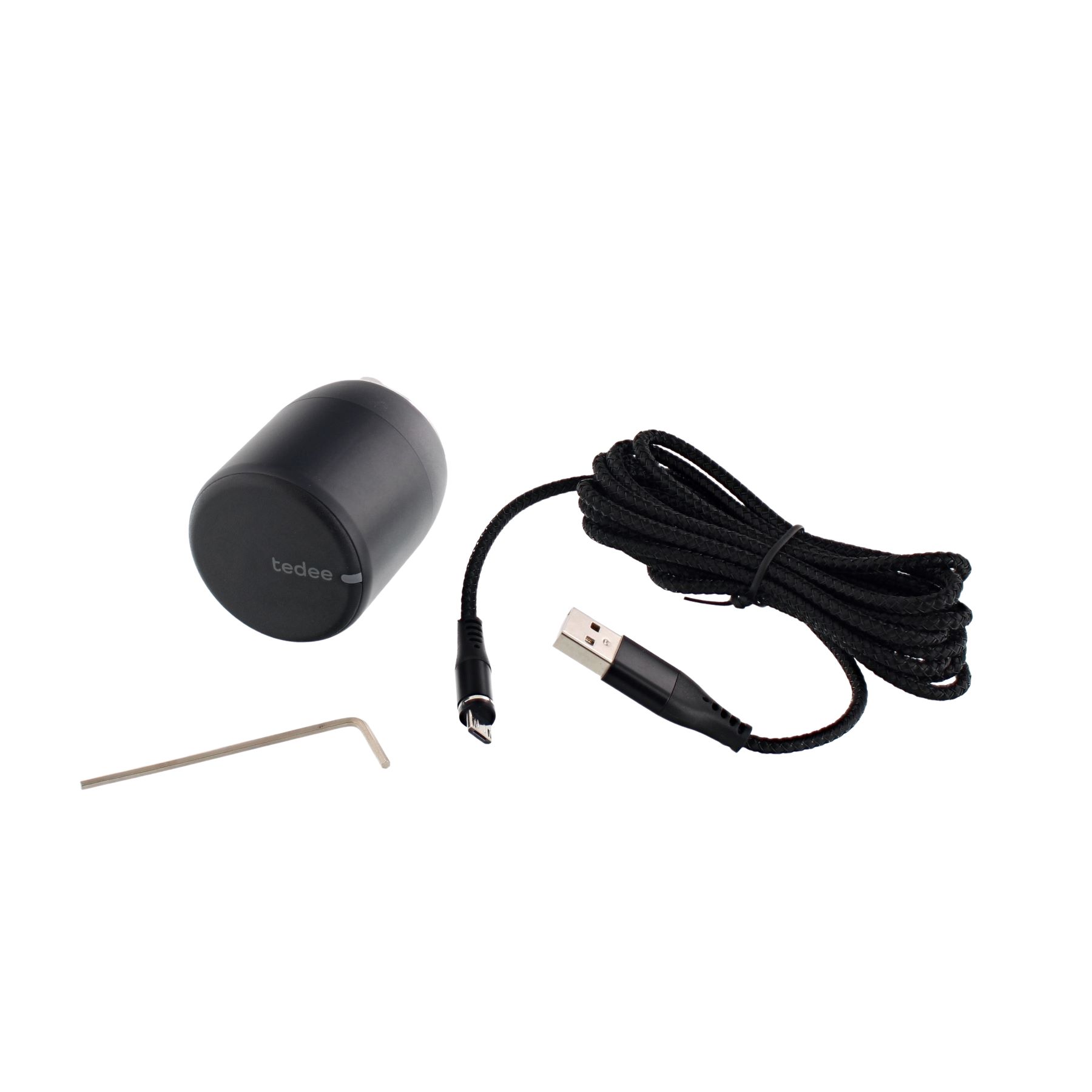 tedee Smart Lock Homekit elektronischer Türschlossantrieb schwarz, Ladegerät, USB-C, Kabel, Nabendruck, Adapter