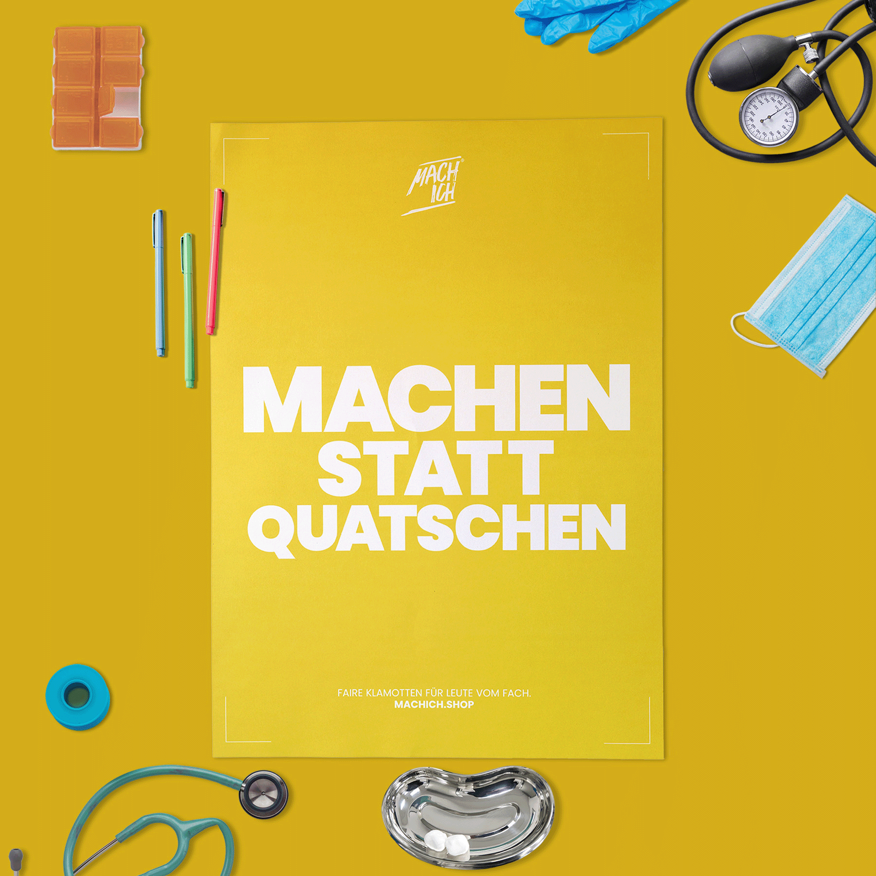 MACH ICH® Poster beidseitig 50x70 cm gelb/rot MACHEN STATT QUATSCHEN (gelb) + ICH DREH SCHRAUBEN, KEINE DÄUMCHEN (Mach-Ich-rot), poster, gelb, medizinisch, glänzend, ausrüstung