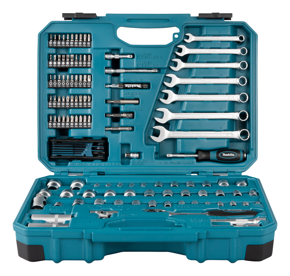 Makita Werkzeug-Set 120-tlg., Werkzeugkoffer, Schraubenset, Rollenschlüssel, Bitsatz, Maulschlüssel-Set