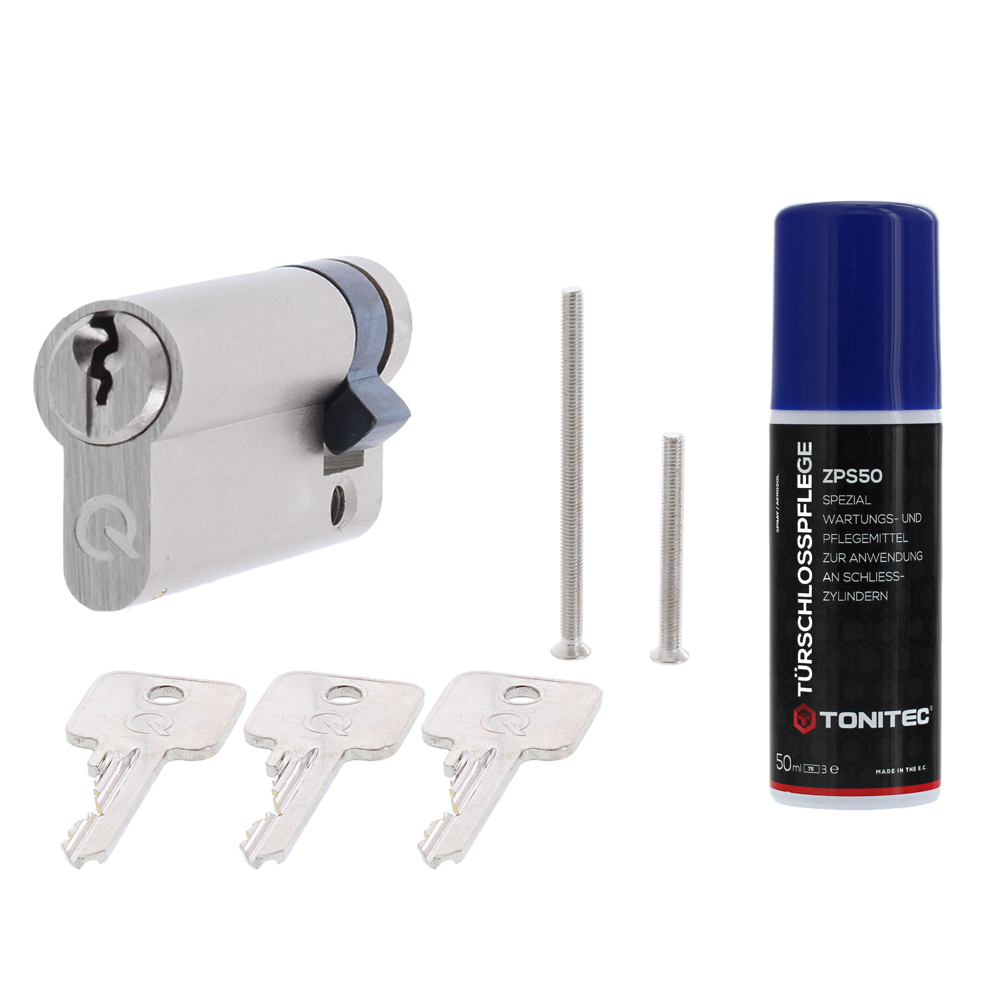 [MA] greenteQ Halbzylinder SX 30 8-F mit 3 Schlüssel verschiedenschliessend 10/30 mit ToniTec 50 ml Zylinderspflegespray ZPS50, Schlosszylinder, Schloss, Türschlosszubehör, Schutzspray, Schlüsselset