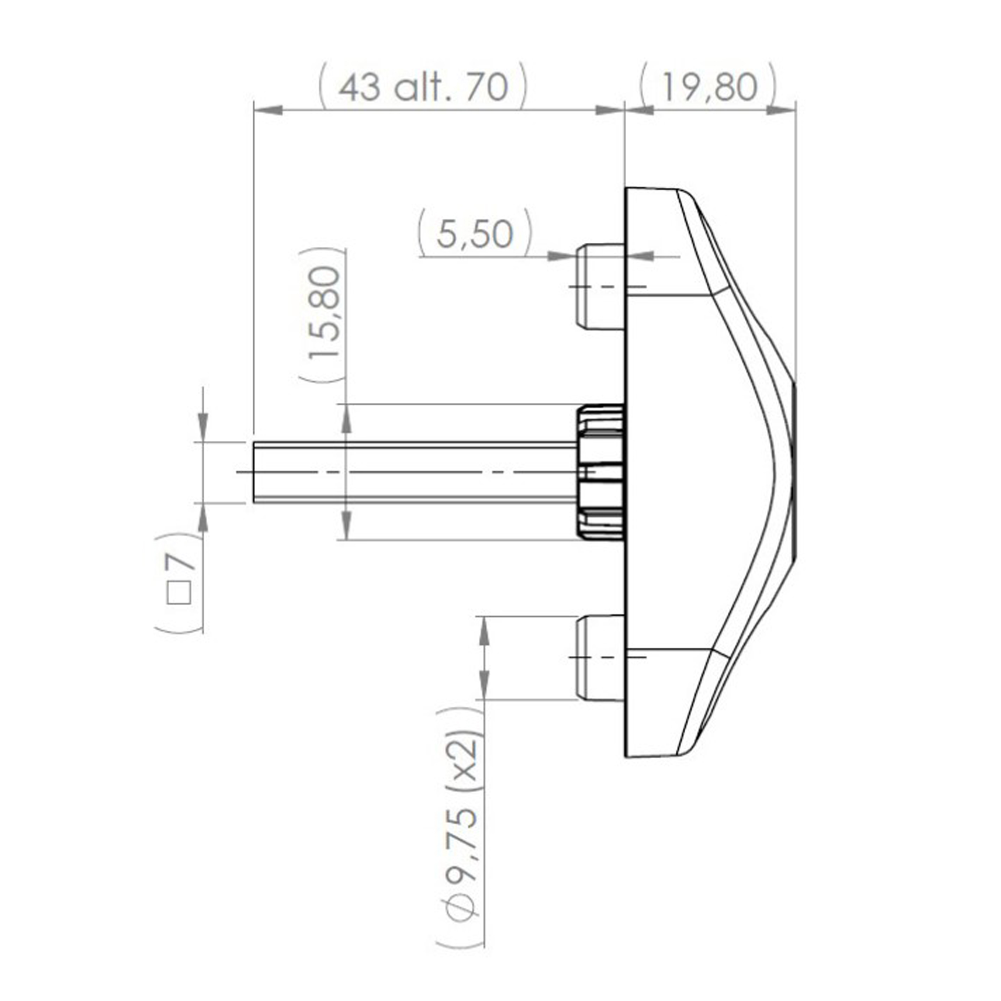 ToniTec Dornzwangsverschluss 43 mm mattgrau/silber, knopf, drehknopf, welle, technische-zeichnung, bauteil