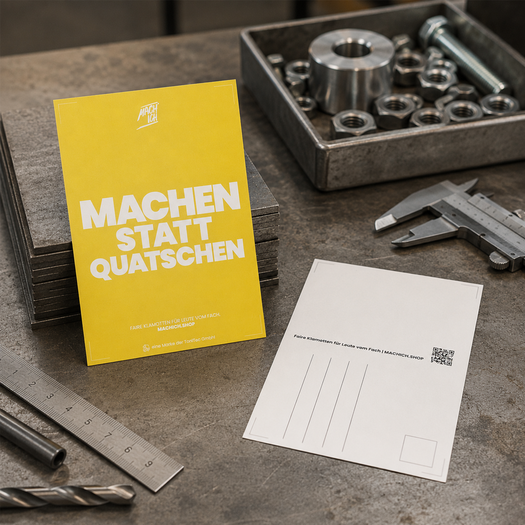 MACH ICH® Postkarte – Machen statt Quatschen gelb, gelbes kartenblatt, machin shop, metallwerkstatt, Schieblehre, werkzeug
