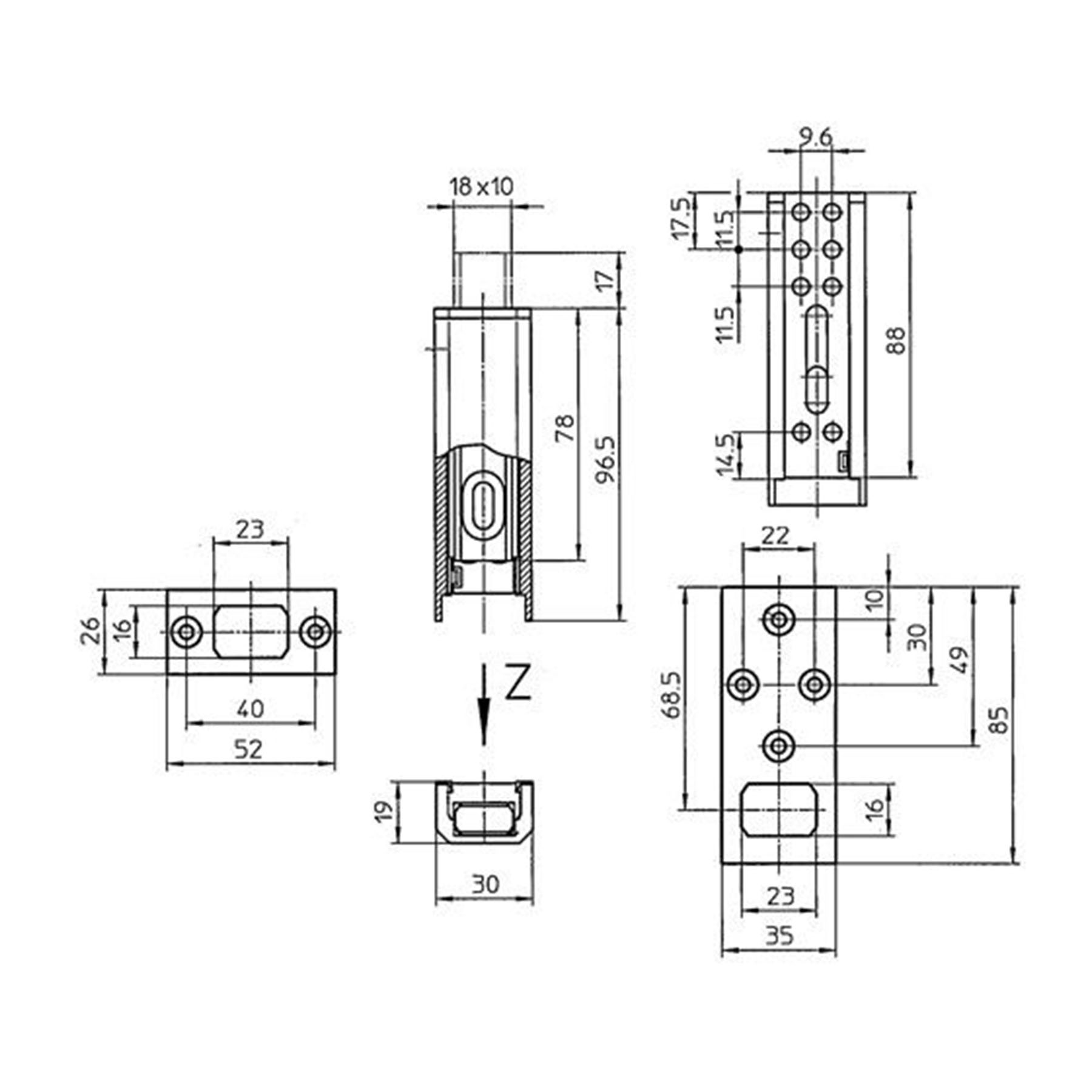 Ikon Riegel für Mehrfachverriegelung Senkrecht aufliegend 1080 Silbergrau (RAL7001), Schaubild, CAD-Diagramm, Schaubild, CAD-Diagramm, Schaubild, CAD-Diagramm