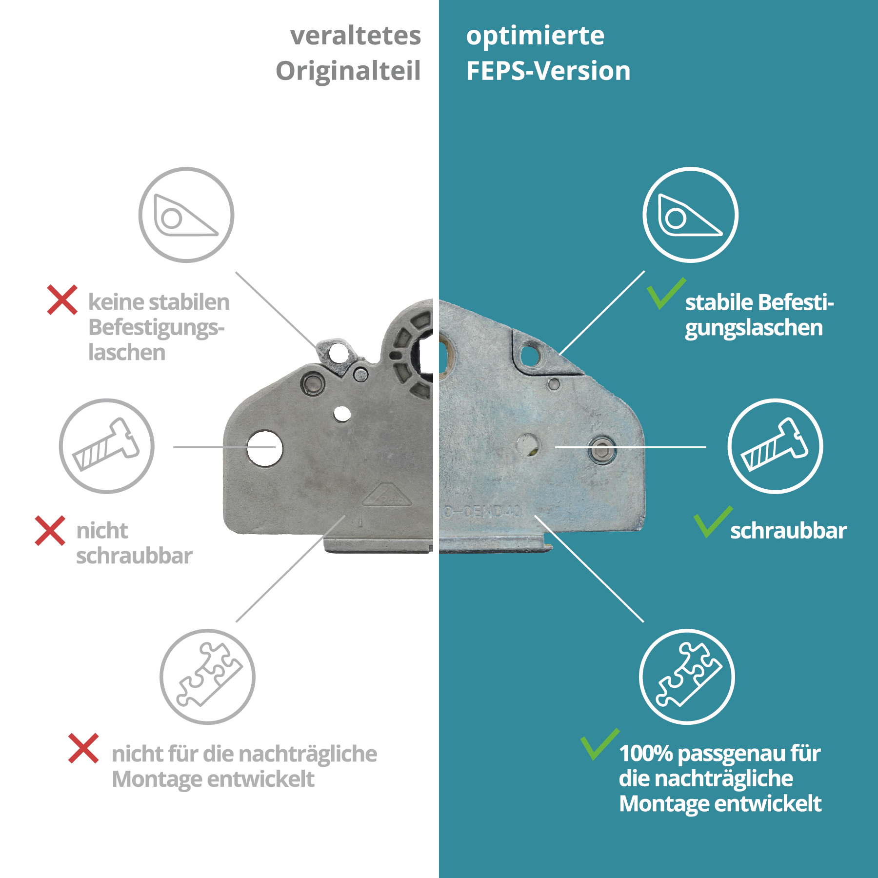 FEPS Gear Getriebegehäuse inkl. Zahnrad als Ersatz für Fenstergetriebe der Marke Roto Serie Centro D40 silber
