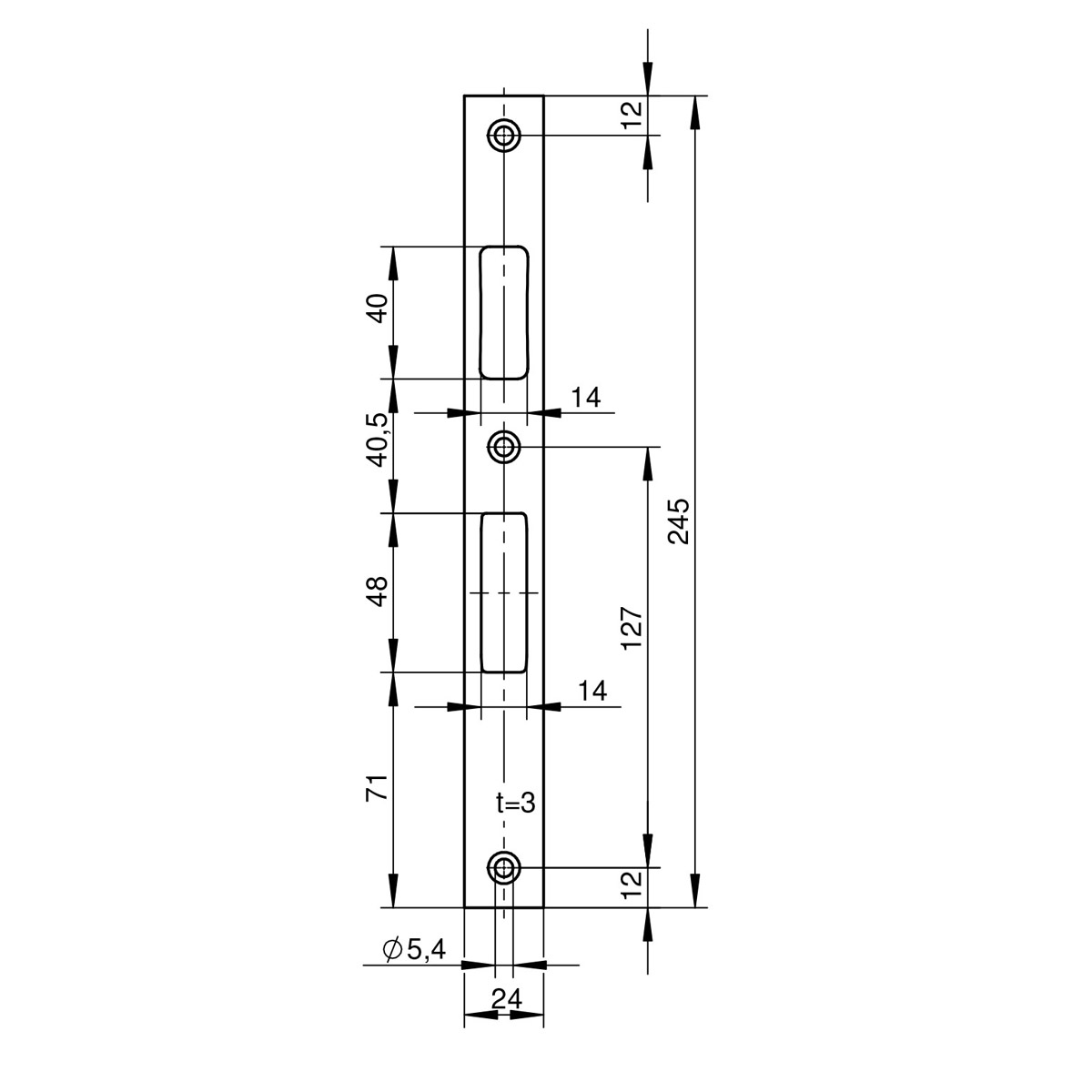 WILKA Schließblech für Rohrrahmentüren 24x3x245 Edelstahl matt gebürstet, CAD-Diagramm, Diagramm