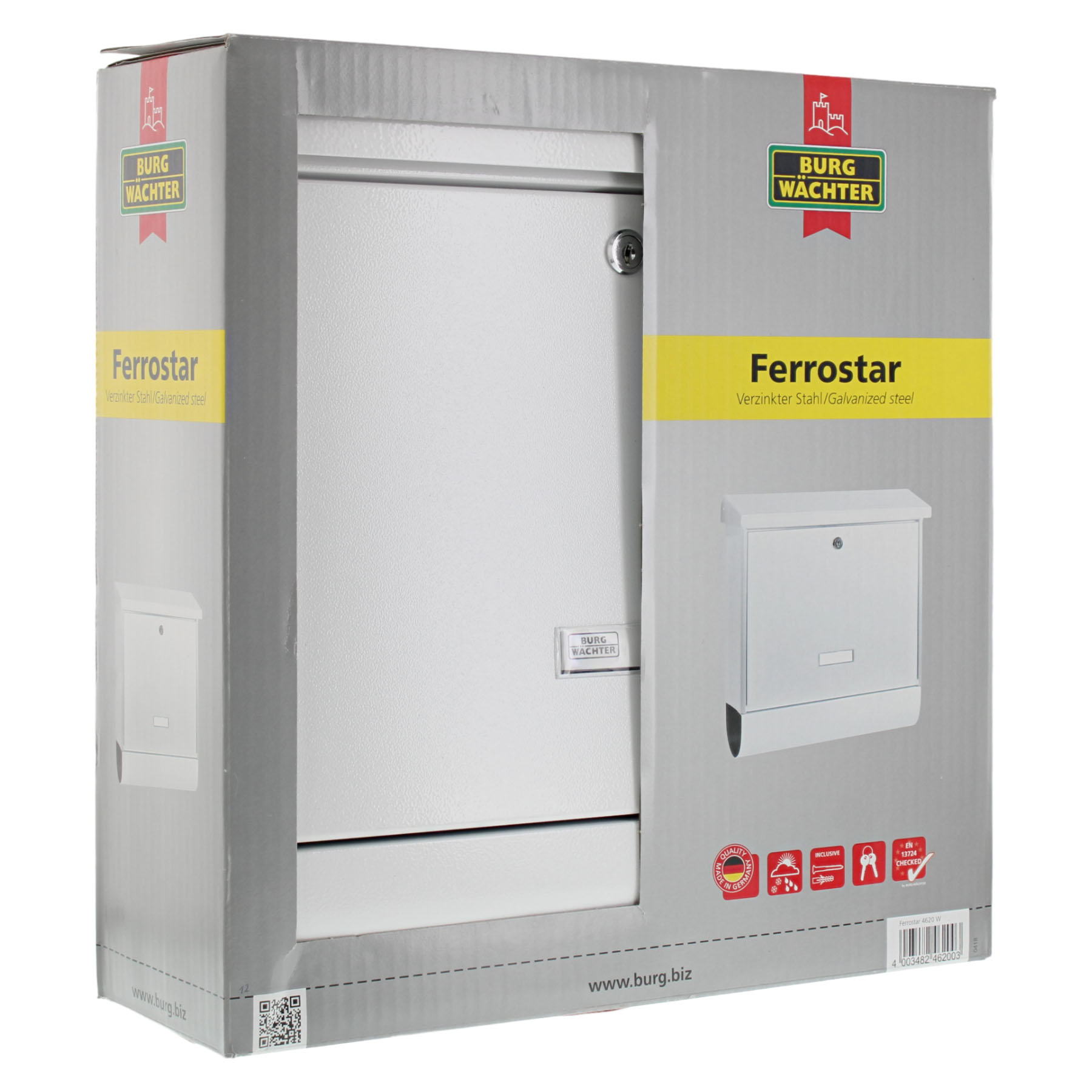 BURG-WÄCHTER Briefkasten FerroStar 4620 mit Zeitungsrolle Weiß, Wandbriefkasten, Stahlgehäuse, Verzinkter Stahl, Postkasten, Grau, ferrosta r, galvanized steel, briefkasten, wandmontiert, verpackungskarton
