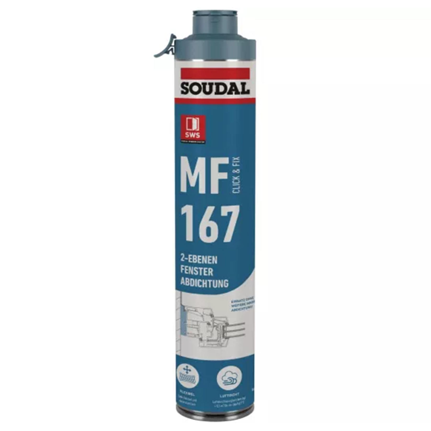 Soudal MF 167 Click & Fix Füll- und Dämmstoff 750ml Dose Fbt. Hellgrau, Fugendichtungs-Spray, Fensterabdichtung, Schaumdose, 2-teilig, Kunststoff
