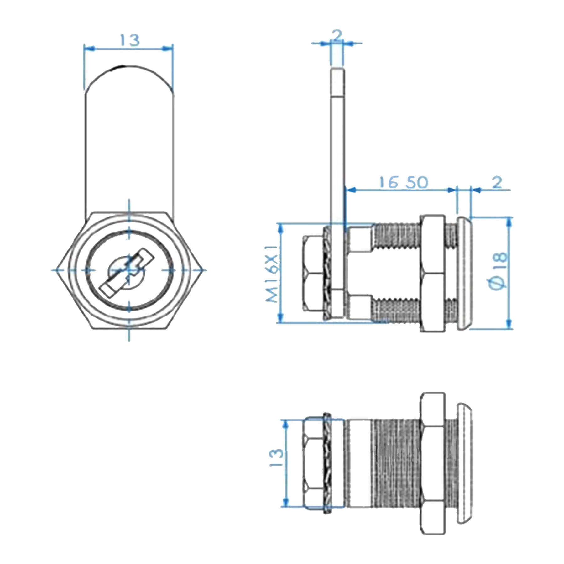 ToniTec Briefkastenschloss TTBKS1616 M16x16 mm verschiedenschließend, CAD-Diagramm, Diagramm