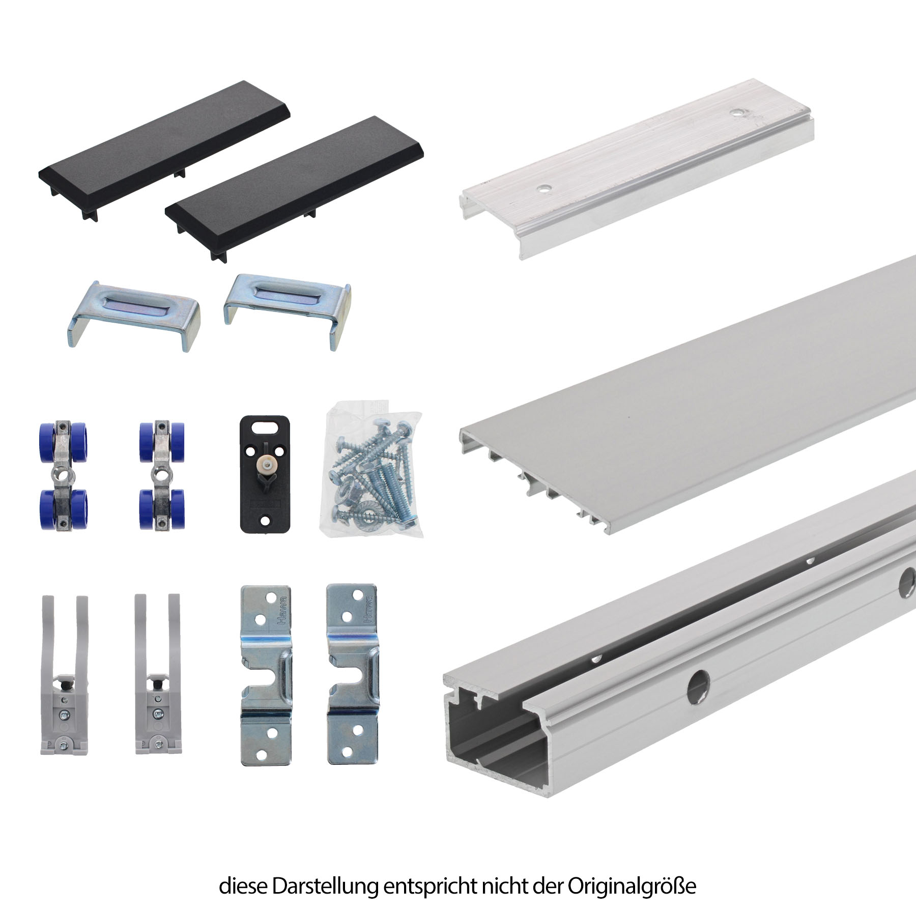 Hawa Porta 60 Schiebetürbeschlag Komplett-Set inkl. Aluminium Clip-Blende  für 1 Holztür 2500 mm Wandmontage, Schiene, Aluminiumprofil, Zubehör, Laufschiene, Rollenrollen, Zubehör, Aluminiumprofil, Schubleiste, Laufschiene, Rollenteile, alu profil, schien
