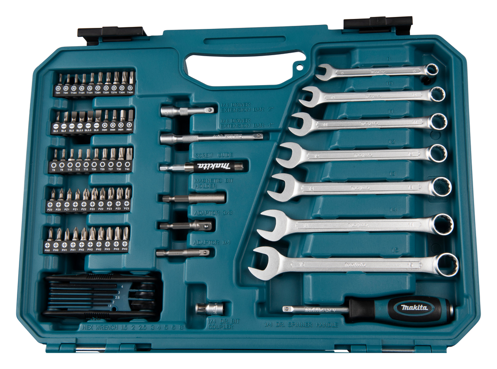 Makita Werkzeug-Set 120-tlg., Werkzeugset, Schraubenschlüssel, Sechskantschlüssel, Bits, Griffschlüssel