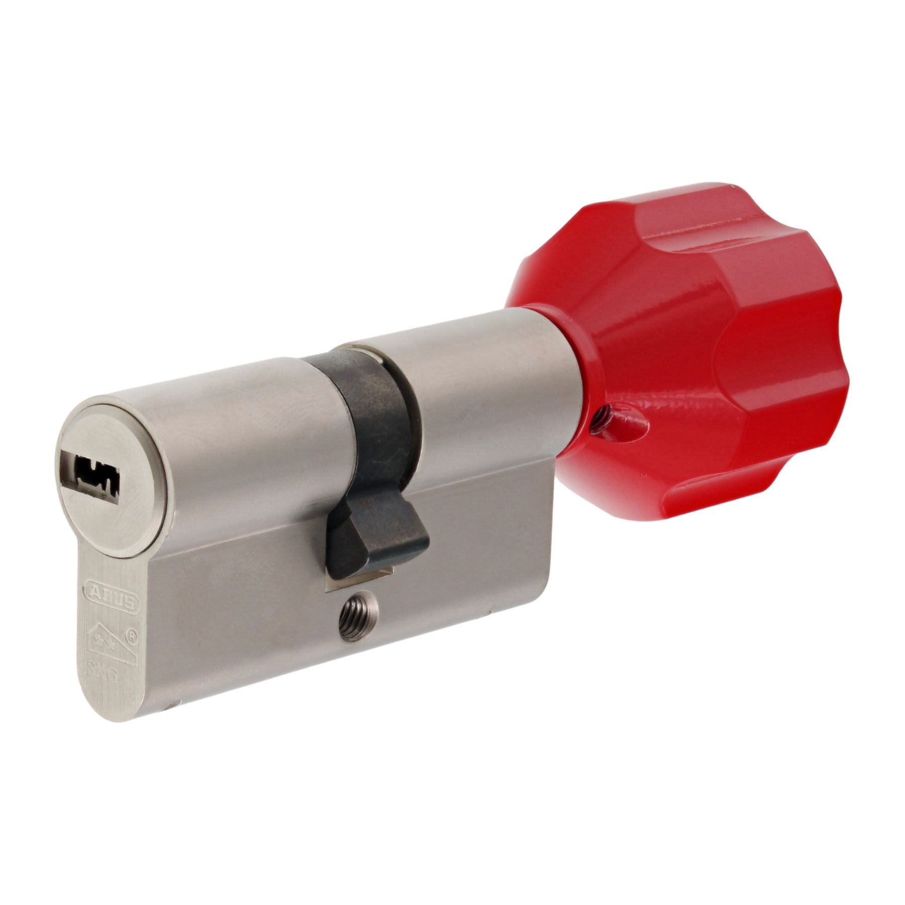ABUS EC550 Zylinder mit EasyTurn Knauf rot verschiedenschließend mit ToniTec CodeCard inkl. 5 Schlüssel Größe 28/34K, zylinderschloss, schubladenschloss, roter knopf, seite, silberner körper, Schloss, Rundschloss, Schiebetürschloss, Schlosszylinder, Rote