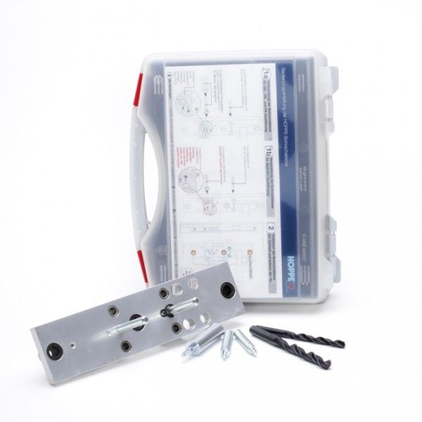 Hoppe Bohrlehre Bohrschablone für Schutzgarnituren, Rosetten 1935191, werkzeugkasten, bohrwerkzeug, metall, hardware, montage-kit, 工具koffer, Bohrer, Bohrer-Set, Metallplatte, Beschläge/Schraubensatz, Werkzeugkasten, Montagekit, Metallplatte, Schraubenbolz