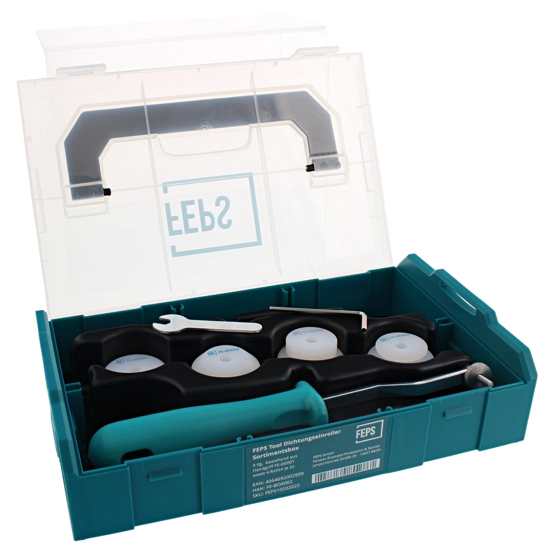 FEPS Tool Dichtungseinroller Sortimentsbox FE-BOX002 9 tlg. bestehend aus Handgriff FE-DE001 sowie 4 Rollen jeweils 2 Stück, Kabinett, Mobiliar