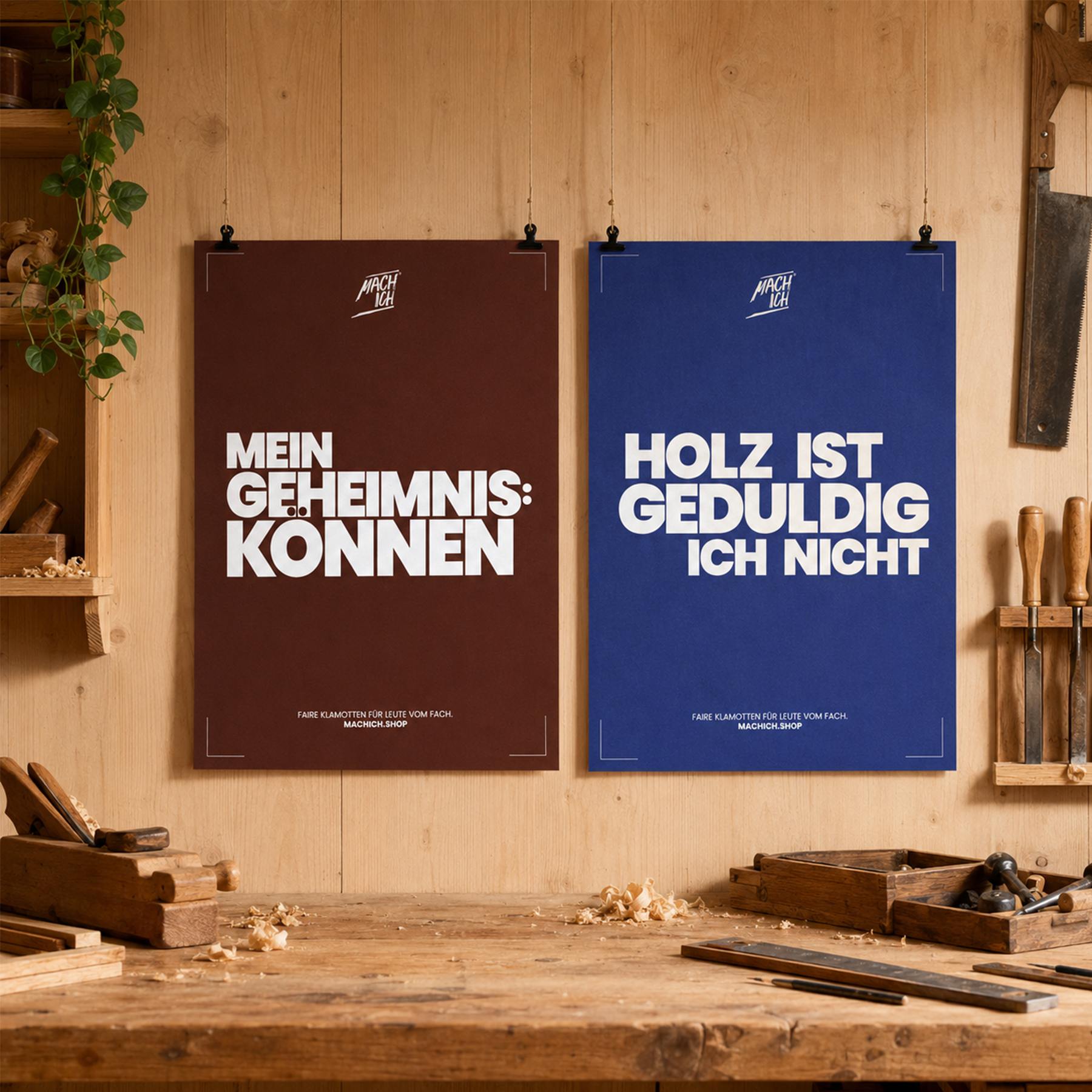 MACH ICH® Poster beidseitig 50x70 cm braun/blau MEIN GEHEIMNIS KÖNNEN (braun) + HOLZ IST GEDULDIG ICH NICHT (blau), poster, poster, Holzwerkstatt, Werkstatt, blaues Plakat