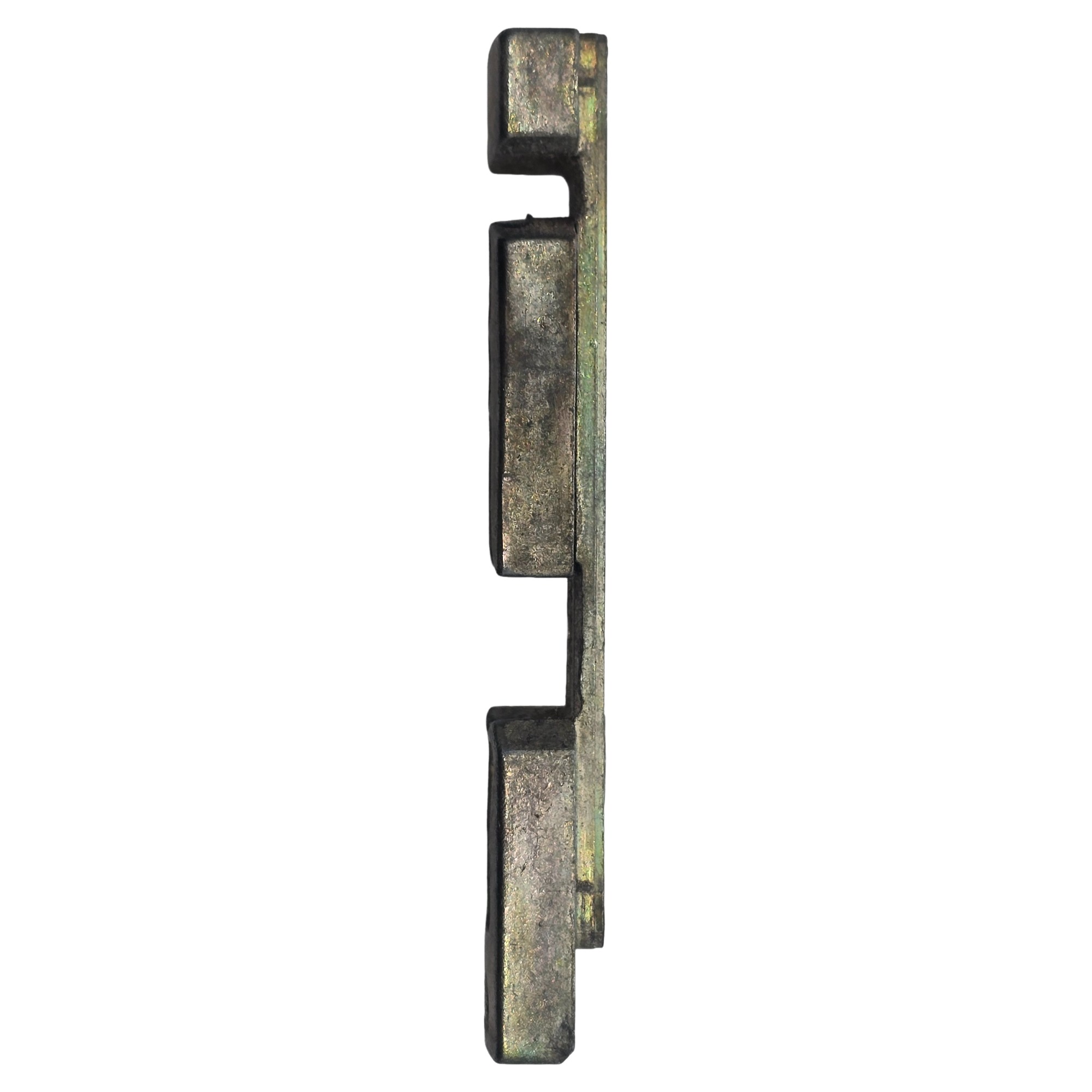 [BA] Roto Kippschließblech, verstellbar K604B828, K604A828, 6482331500, Metallteil, Messingfarbe, Seitenansicht, verrostet, Industriekomponente