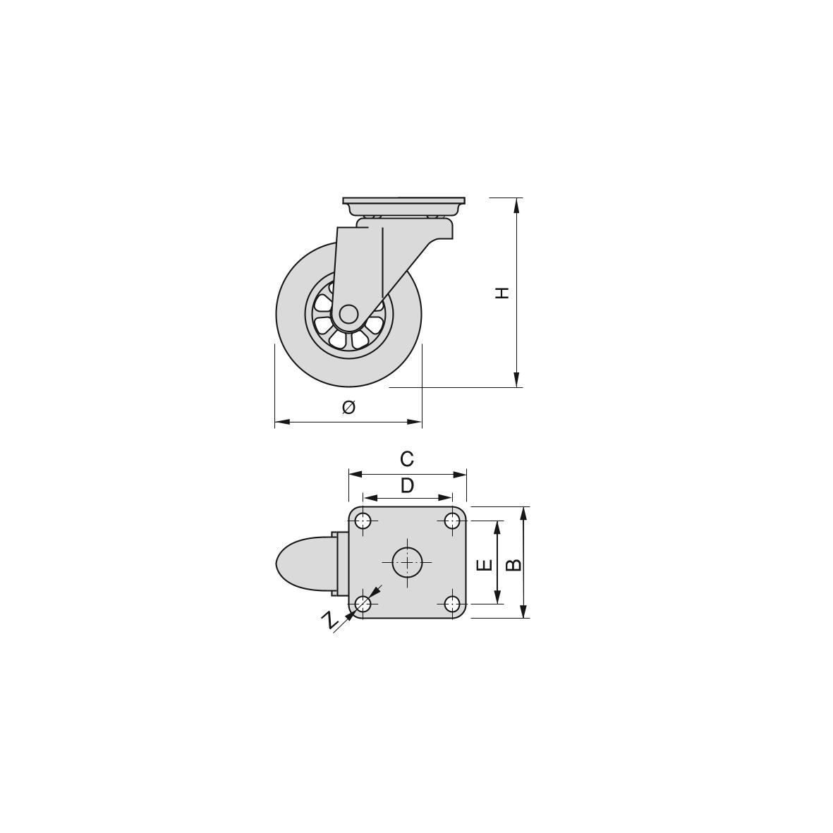 Emuca Rolle mit Bremse und Anschraubplatte D75 mm Stah/ Kunststoff transparent, Maschine, Rad, CAD-Diagramm, Diagramm, Maschine, Rad, CAD-Diagramm, Diagramm