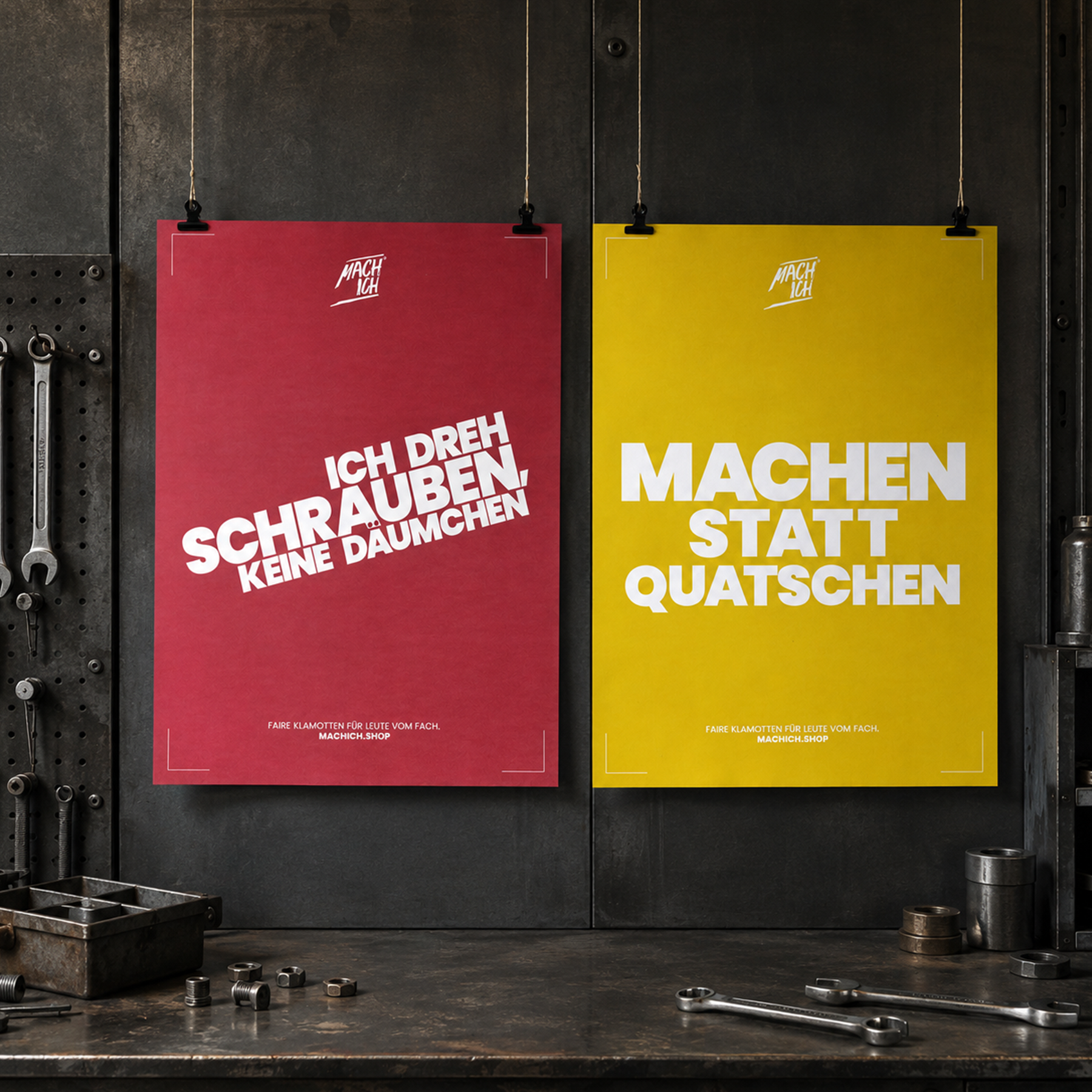 MACH ICH® Poster beidseitig 50x70 cm gelb/rot MACHEN STATT QUATSCHEN (gelb) + ICH DREH SCHRAUBEN, KEINE DÄUMCHEN (Mach-Ich-rot), poster, roter poster, gelber poster, typografie, druckprodukt