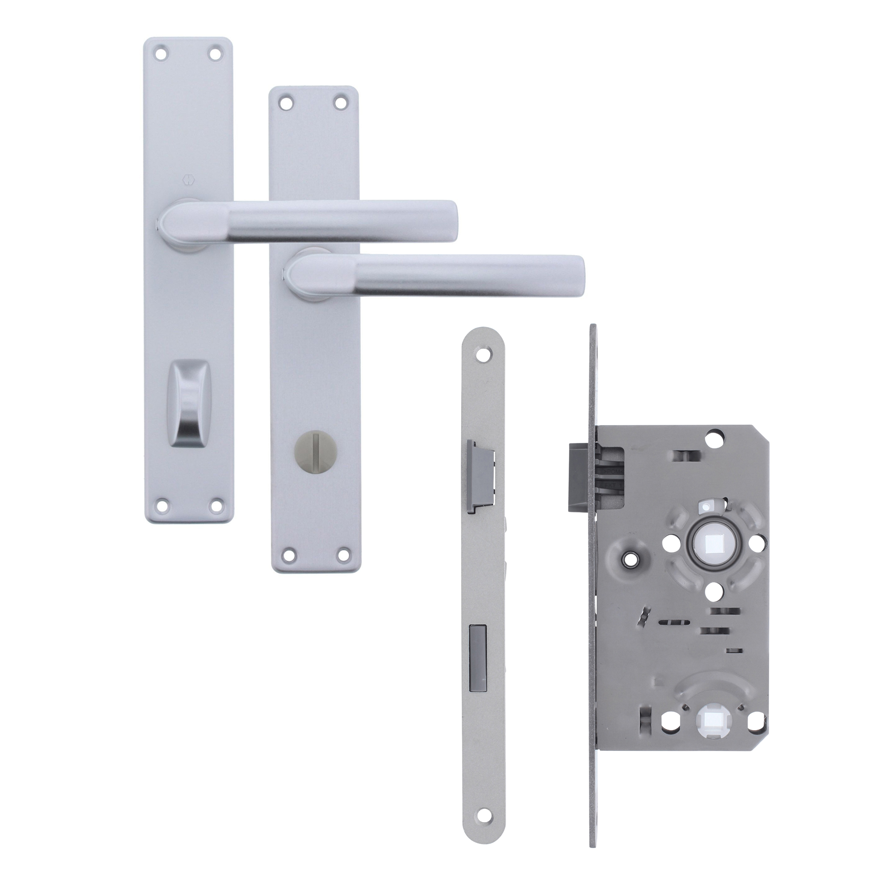 ToniTec WC Tür Einsteckschloss 20x235 mm Entfernung 78 mm mit Langschildgarnitur DIN links Alu F1 silberfarbig eloxiert, Türgriff, Türdrücker, Sicherheitsschloss, Beschlagset, Schlossmechanismus