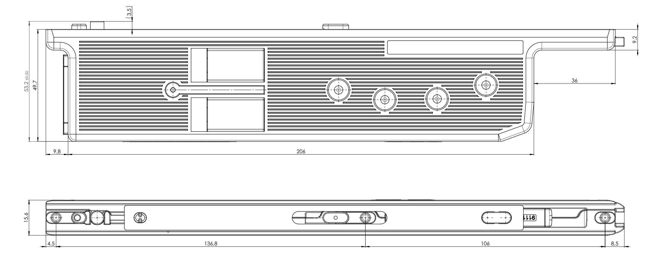 [DS] FUHR Motorantrieb für Autotronic VNZA0002, Diagramm, technische Zeichnung, Maße, Draufsicht, Seitenansicht