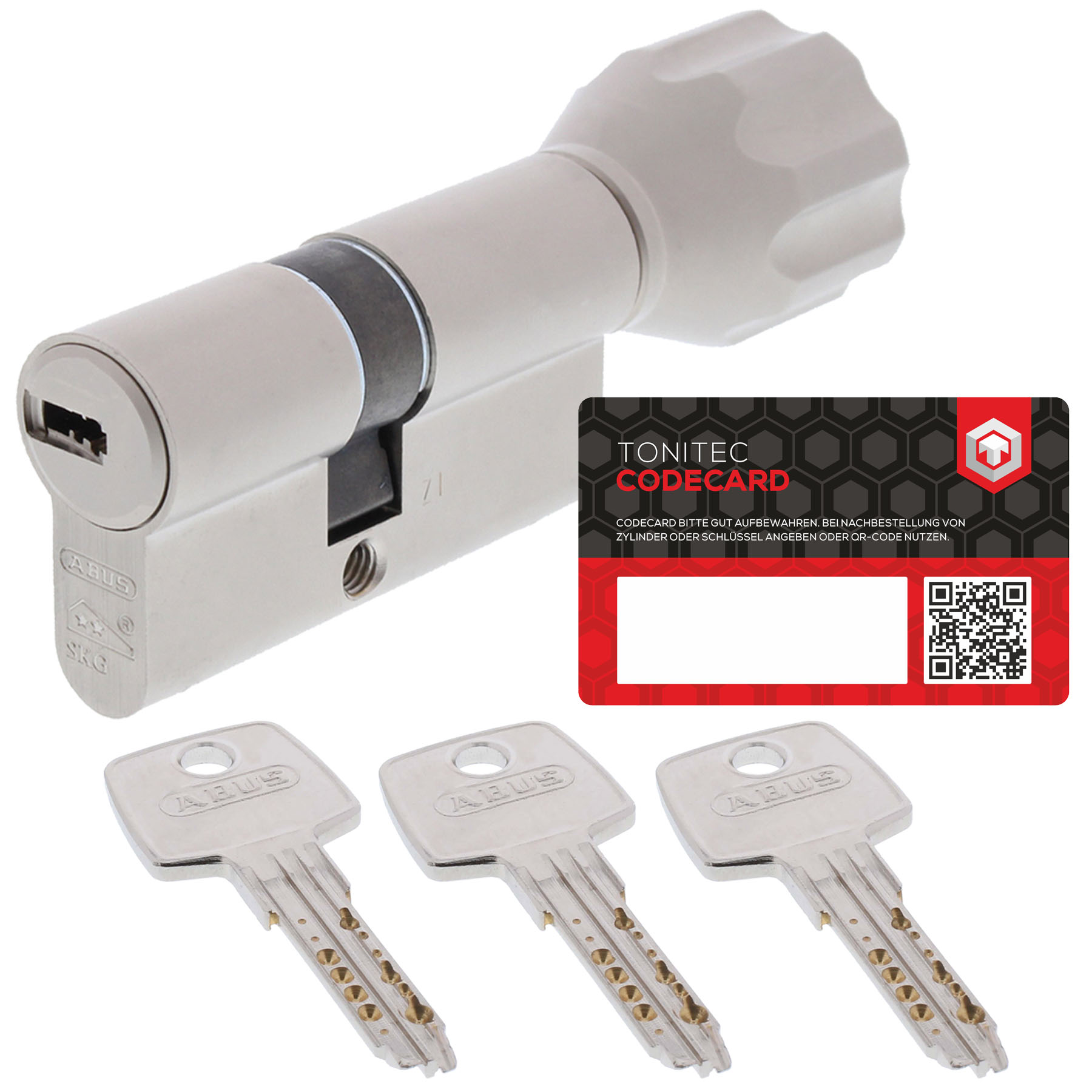 ABUS EC550 gleichschließend Schließung 2 + ToniTec CodeCard 60/45K Knaufzylinder, Zylinder, Schloss, Schlüsselsatz, Kartenchip, Zylinder-Schlossset,  Zylinder-Schloss, Zylinder, drei Schlüssel, USB-Sperre, Codekarte, Kombinationsschloss, Schlosszylinder,
