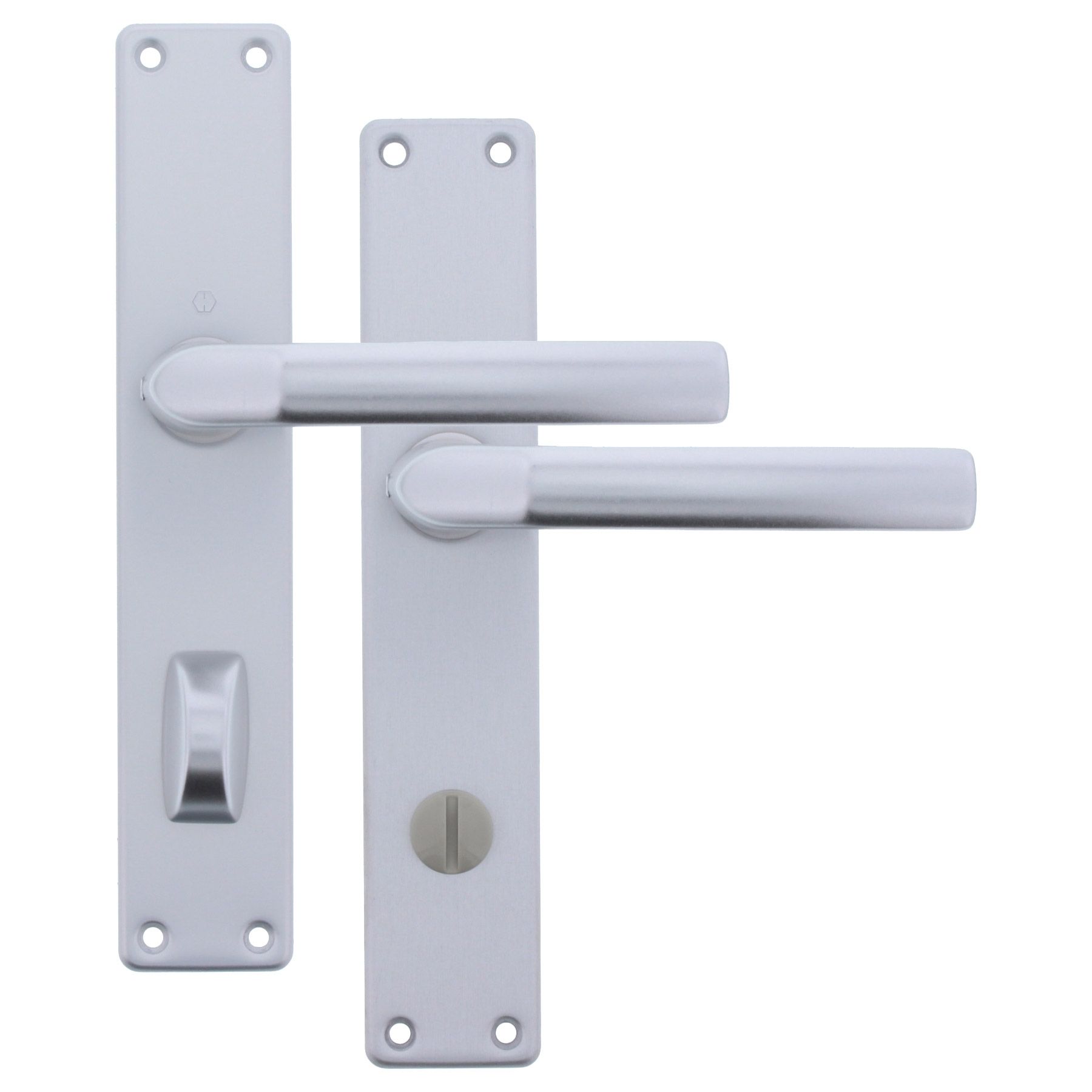 ToniTec WC Tür Einsteckschloss 20x235 mm Entfernung 78 mm mit Langschildgarnitur DIN rechts Alu F1 silberfarbig eloxiert, Türgriff, Türdrücker, Innen- bzw. Außentürgriff, Metallgriff, Doppelgriff, Türgriff, Hebelgriff, Metallgriff, Silberfärbung, Sicherhe