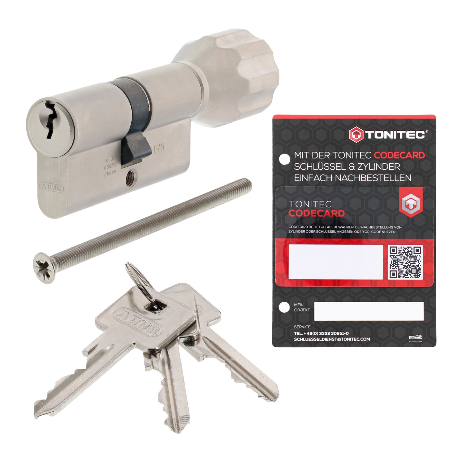 ABUS C73 C83 K82 GS gleichschließend individuell gefertigt inkl. ToniTec® CodeCard 60/45K Knaufzylinder (K82), Türschloss, Sicherheitsschloss, Schlosszylinder, Schlüsselset, Codecard, Schlosszylinder, Sicherheitsschloss, Schlüsselset, Schraube, Kartenanhä