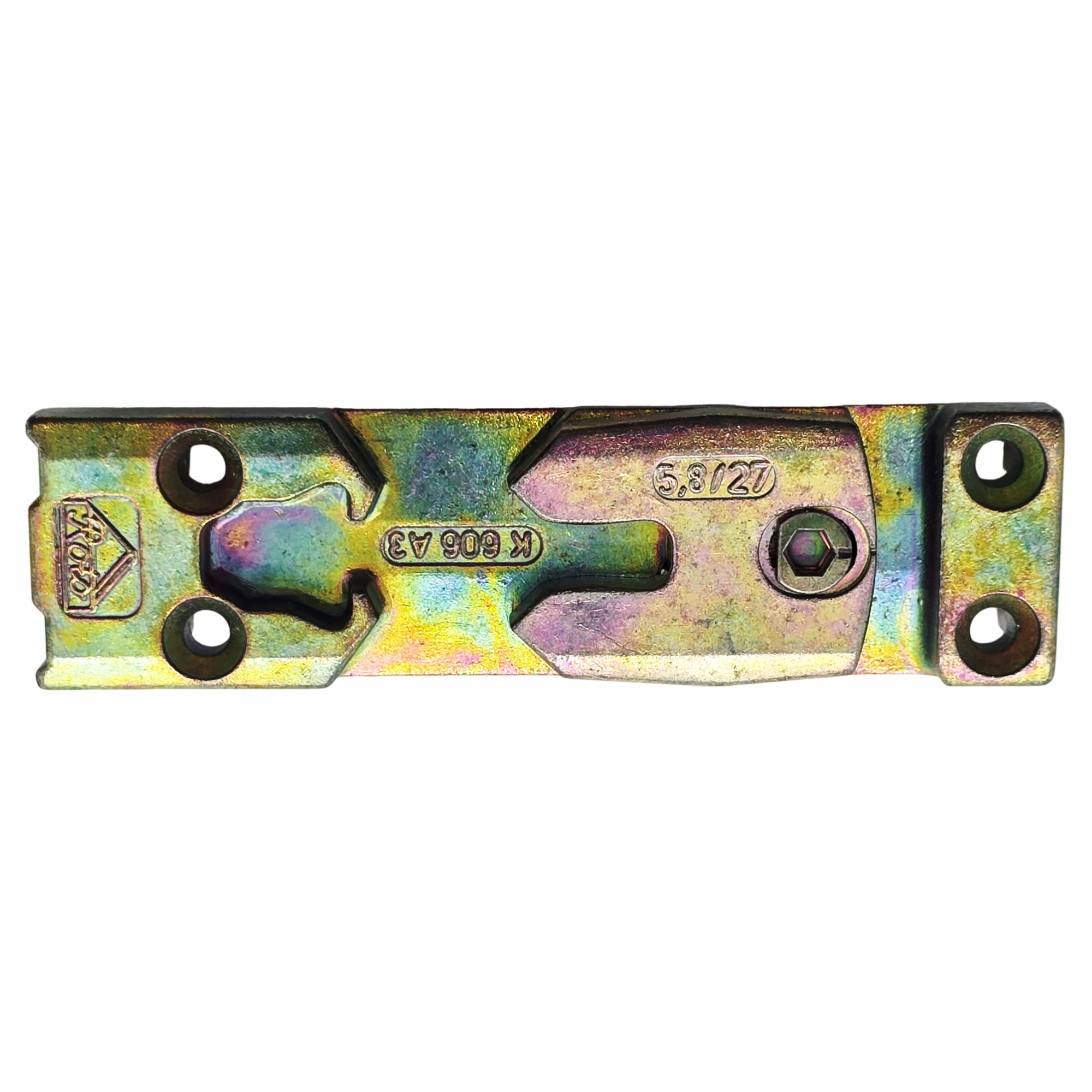 [BA] Roto Kippschliessblech K606A3. 5,9/27, 6482370220, zinc oxidized, Schraubenzug, Metallplatte, Regenbogen-Patina, Lochmuster