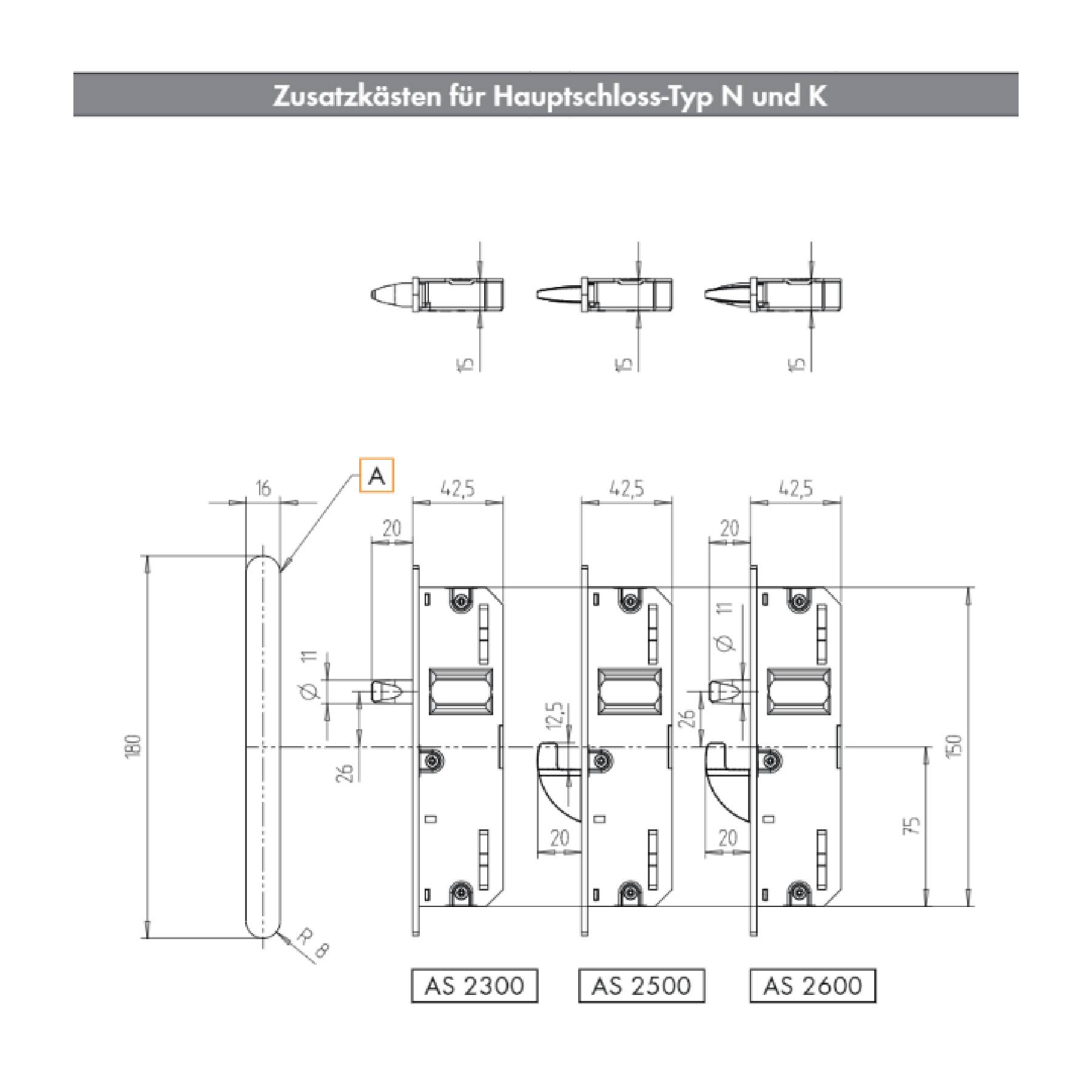 KFV Zusatzkasten Nebenschlosskasten AS2500 mit Schwenkhaken zur Reparatur von Mehrfachverriegelungen, Schaubild, CAD-Diagramm, Schaubild, CAD-Diagramm