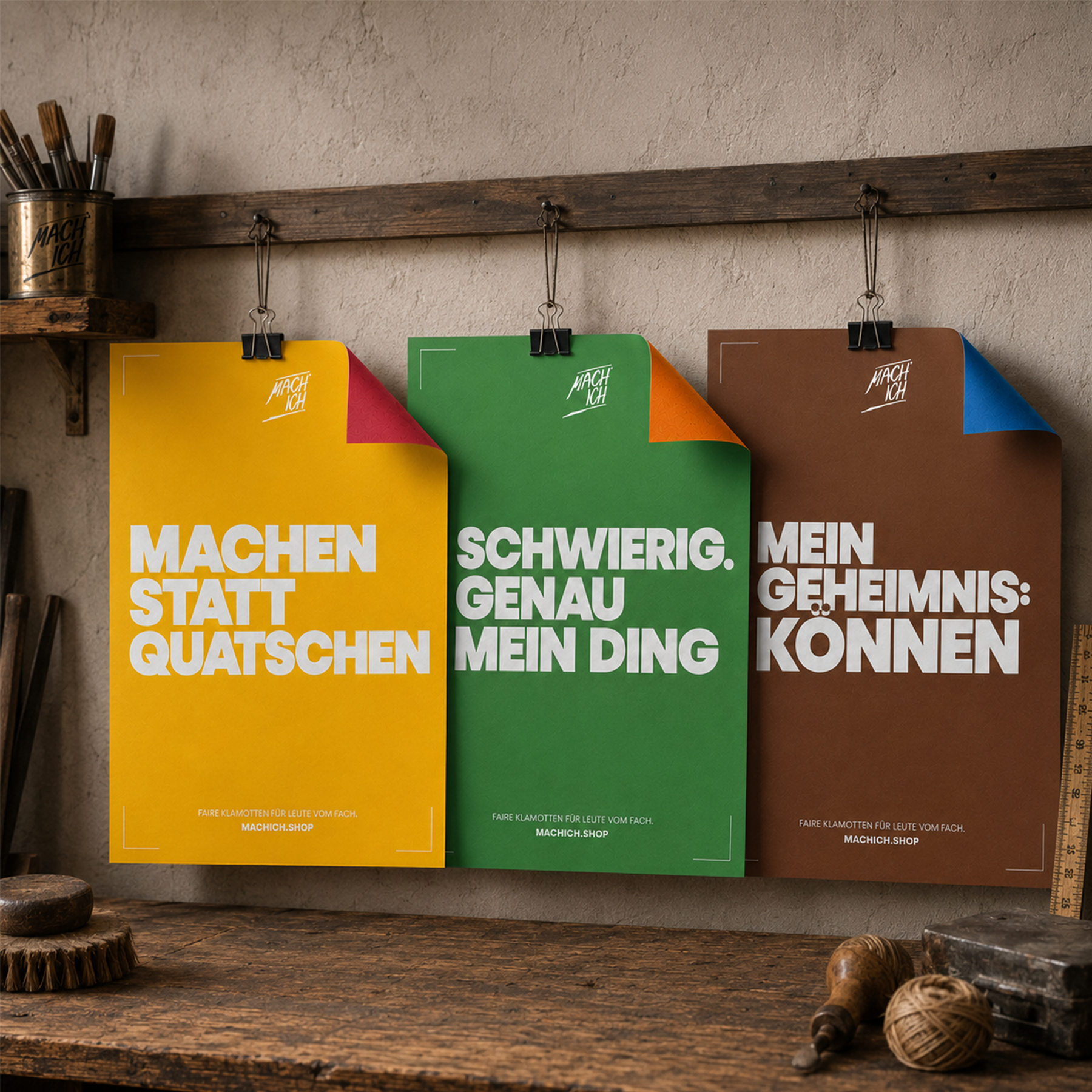 MACH ICH® Poster beidseitig 50x70 cm Bundle bestehend aus: 1 x Poster gelb/rot 1 Poster braun/blau 1 Poster grün/orange, Poster, Gelb, Grün, Braun, Slogans