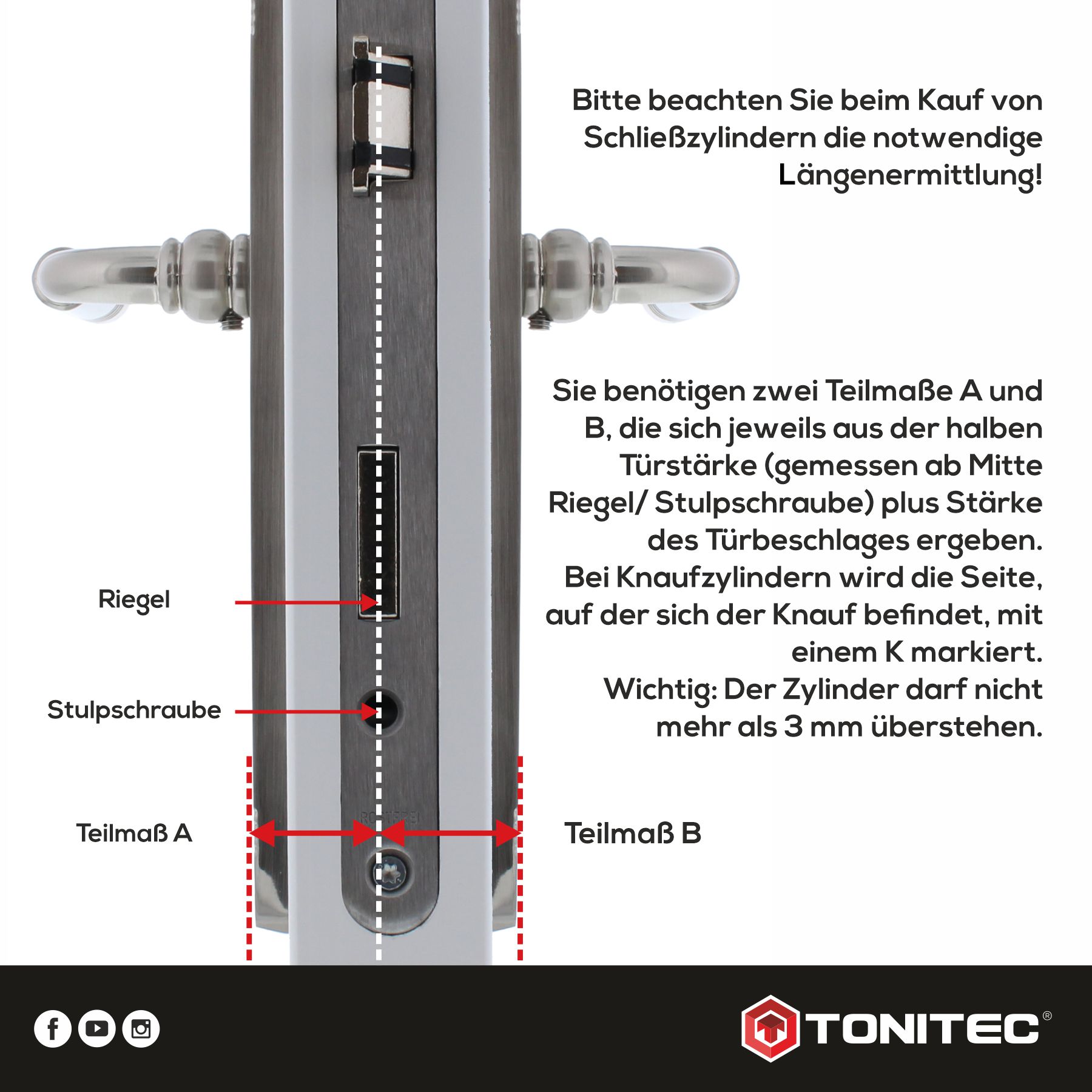 Tonitec Doppelzylinder TEC440 by ABUS verschiedenschließend mit ToniTec CodeCard inkl. 6 Schlüssel Größe 40/55, Türdriegel, Stulpschraube, Teilmaß A, Teilmaß B, Türschlossöffnung, Türdriegel, Stulpschraube, Teilmaß A, Teilmaß B, Türzylinder, Türschloss, R