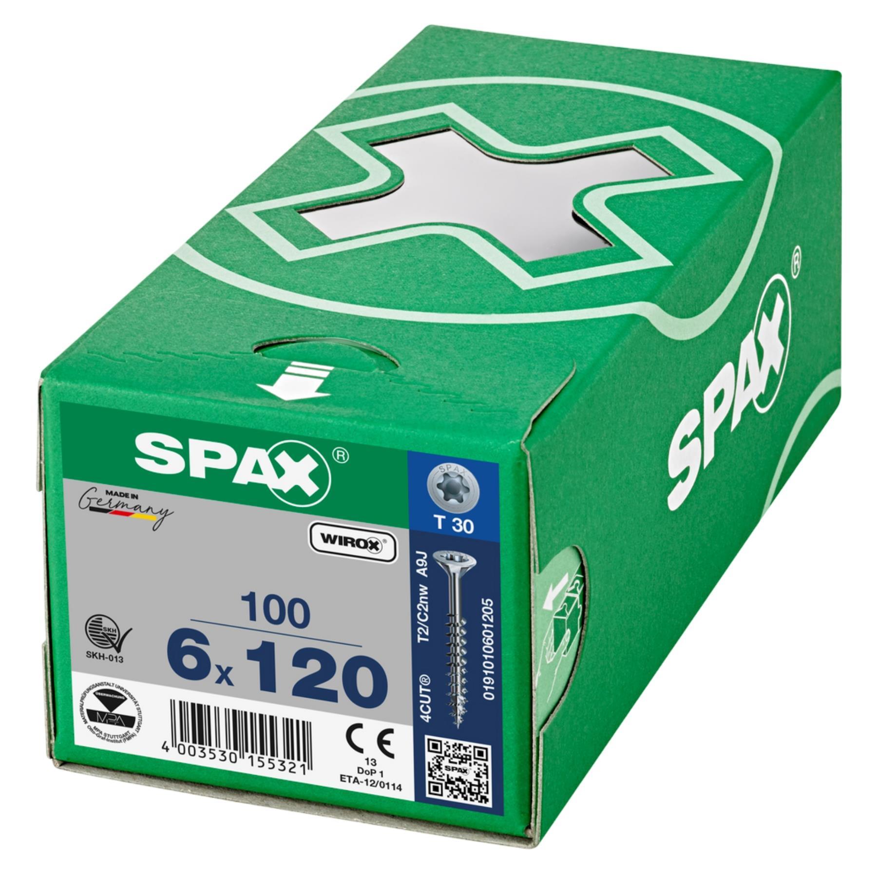 ABC SPAX Schrauben m. T-STAR plus (TORX) Seko WIROX galv. verzinkt 6,0 x 120 mm Teilgewinde, Kiste, Karton, Kiste, Karton