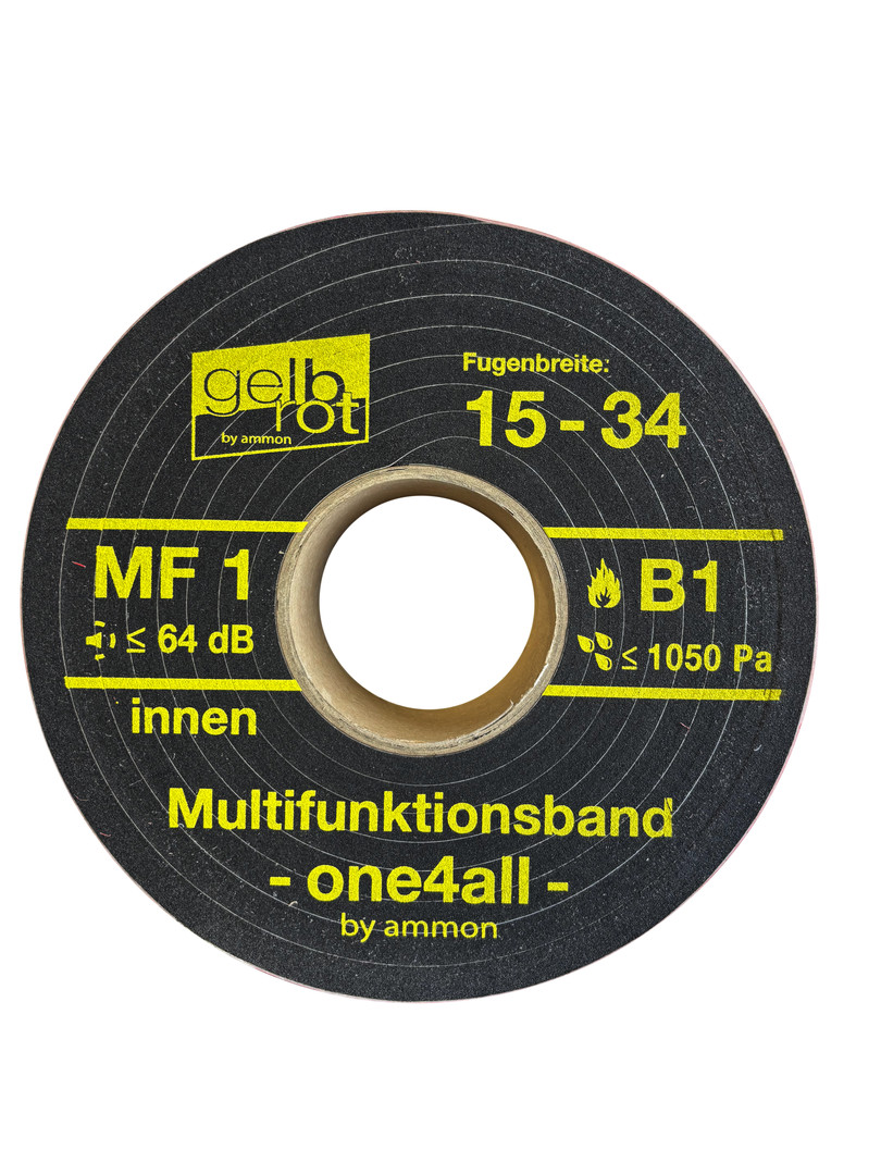 gelbrot Multifunktionsband one4all 80mm bis 1050Pa =15-32mm, 600Pa =15-34mm, MF1 VE=24m Rolle a 4 m, Multifunktionstape, Klebeband, runder Spulenkern, gelb Beschriftung, schwarzer Kern, Multifunktionsband, Band, Klebeband, Durchmesser Innenloch, Gurtband,