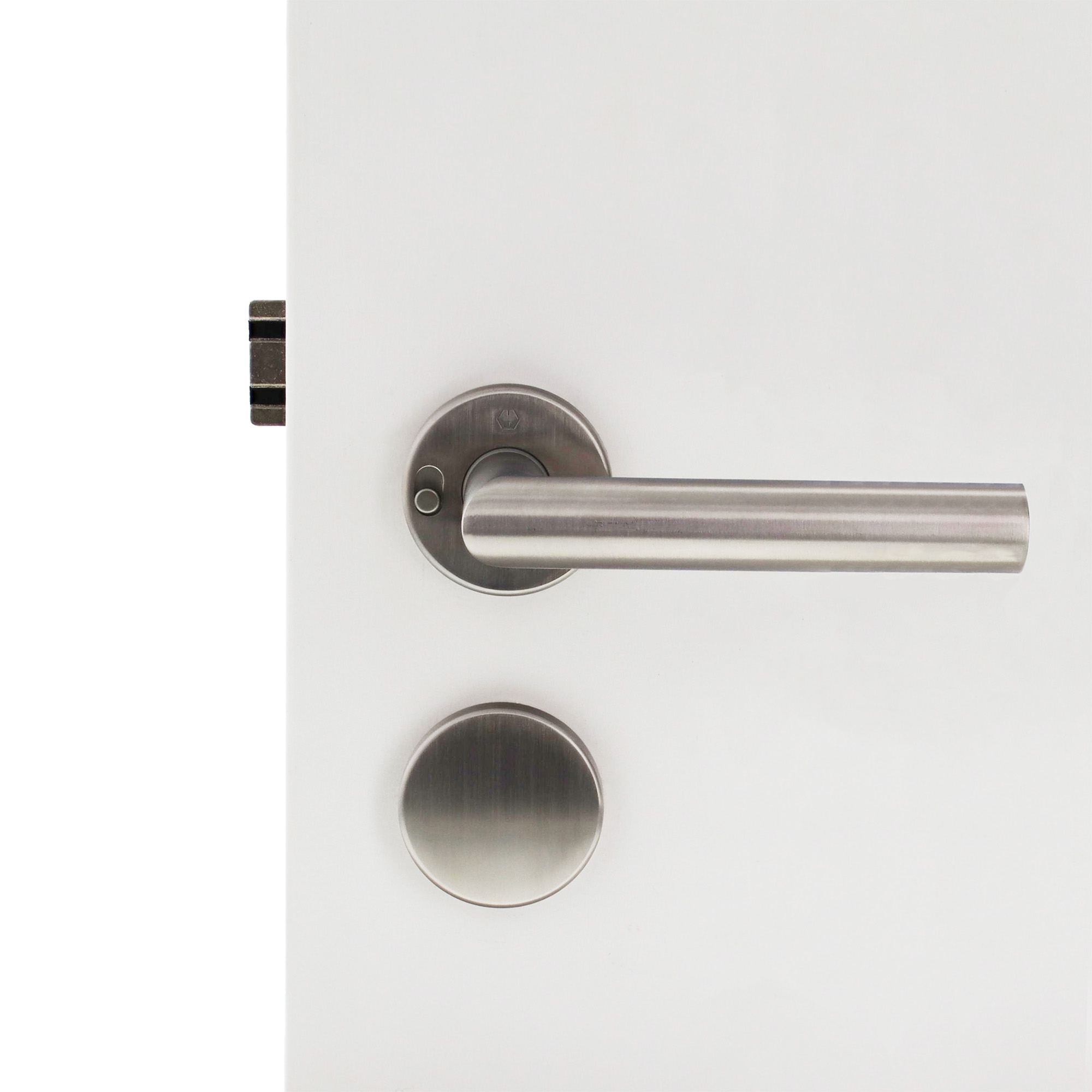HOPPE MiniLock Rosettengarnitur Amsterdam Profilzylinder Schnellstift TS 37-47 mm – inkl. ToniTec Blindrosettenpaar Edelstahl matt DIN rechts, Türknopf, Türdrücker, Edelstahl, Riegelgriff, Rundknauf