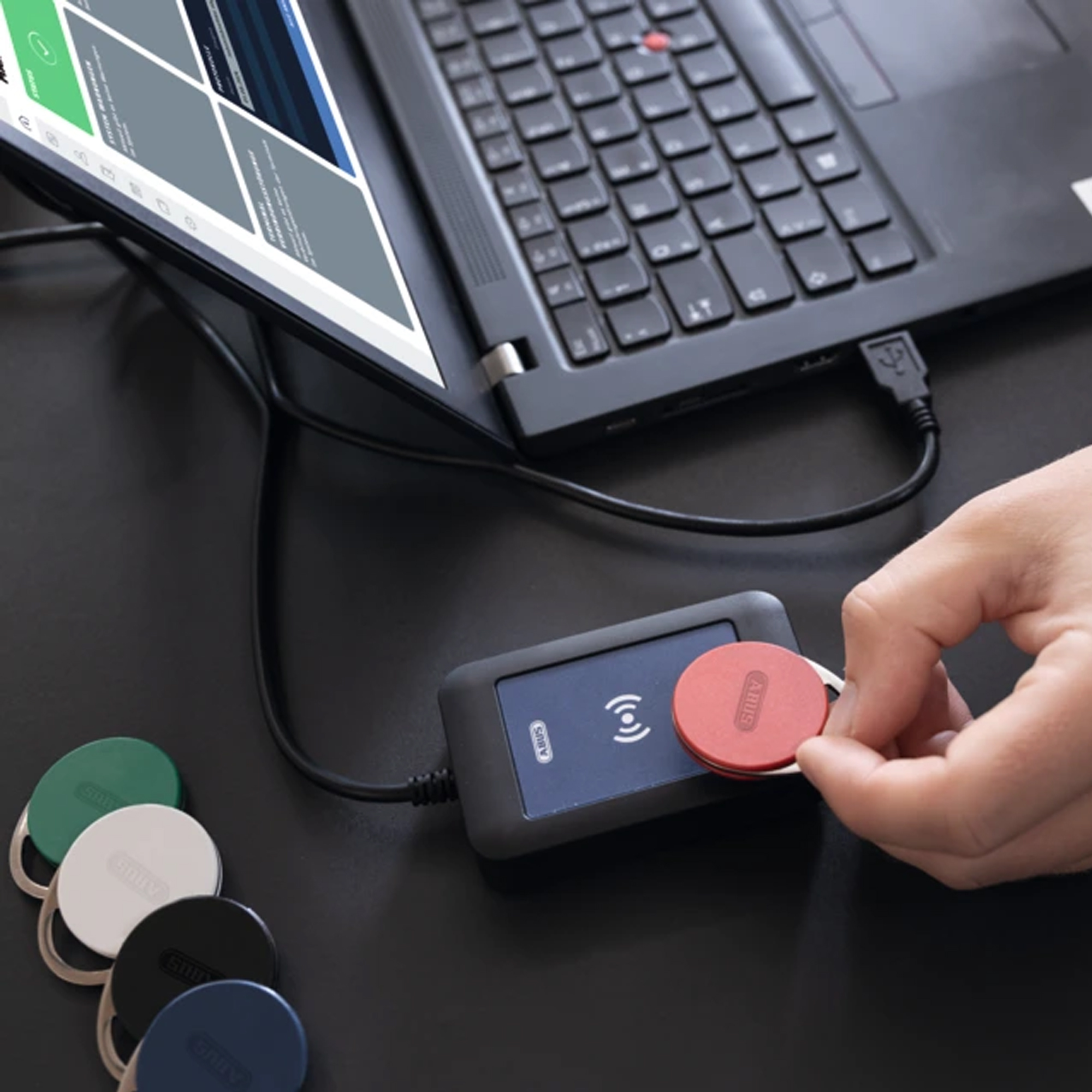 [BA] ABUS Transponder Advanced schwarz MIFARE DESFire EV3 8K (Security), NFC-Scanner, USB-C Adapter, Laptop Dock, Wireless Charging, Tag-Fob