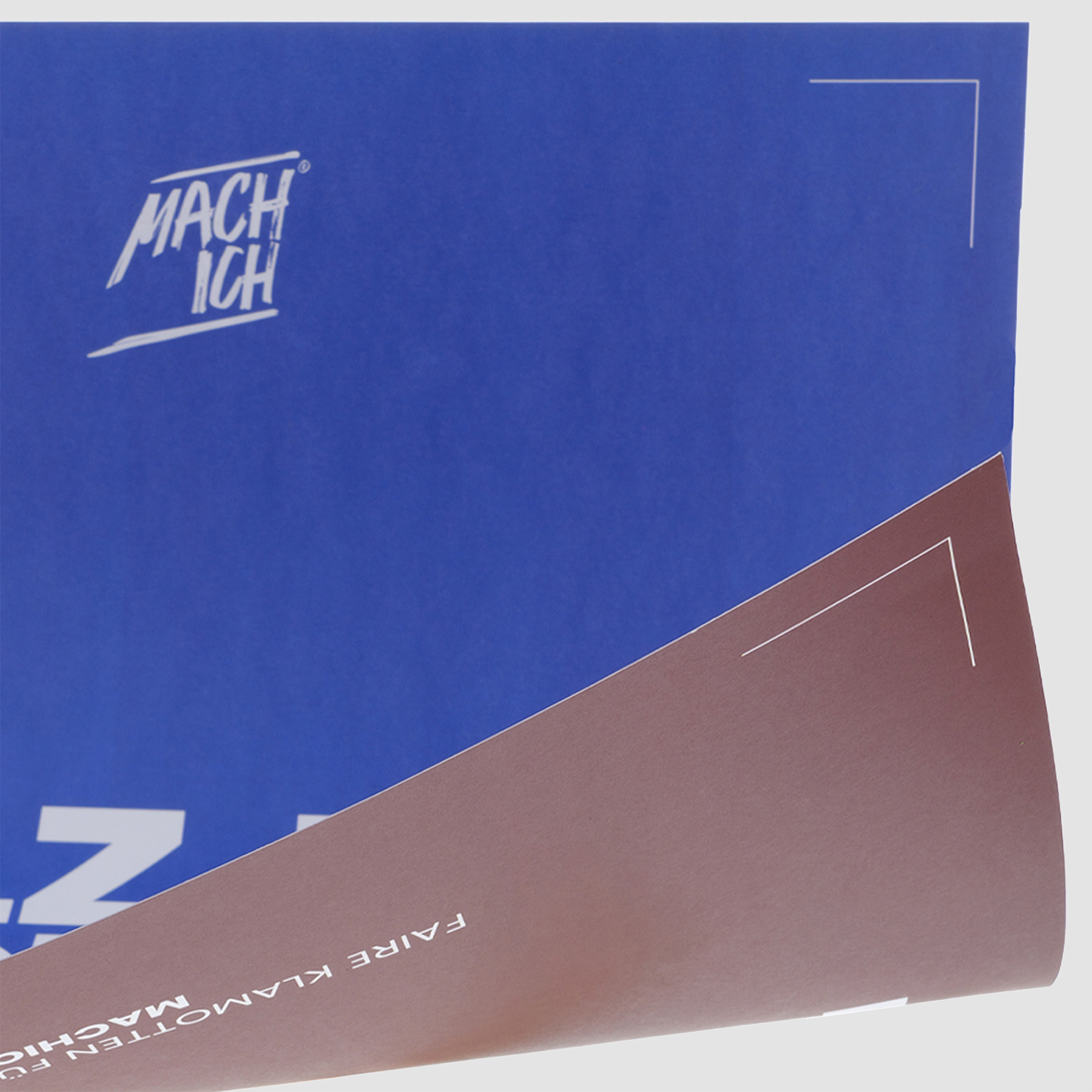 MACH ICH® Poster beidseitig 50x70 cm Bundle bestehend aus: 1 x Poster gelb/rot 1 Poster braun/blau 1 Poster grün/orange, blue packaging, Kartonverpackung, MACH LICH Logo, gefaltete Hülle, Produktfolie