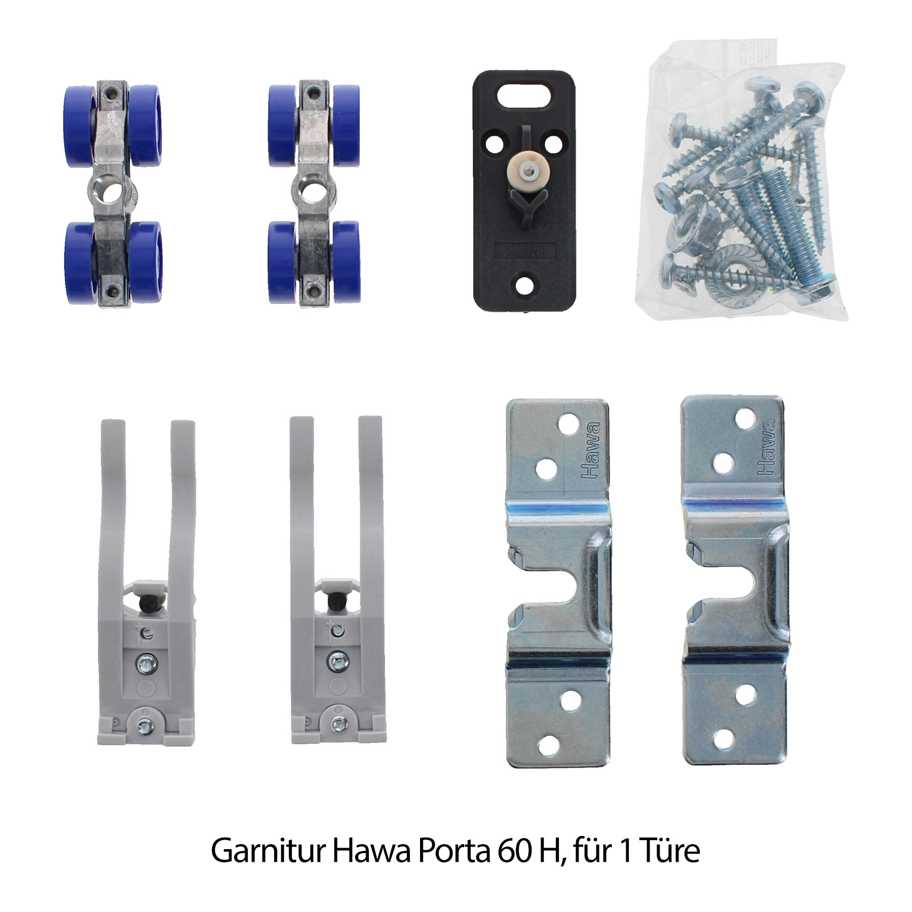 Hawa Porta 60 Schiebetürbeschlag Komplett-Set inkl. Aluminium Clip-Blende  für 1 Holztür 2500 mm Deckenmontage, Türblattrollen, Garnitur, Türbeschlag, Scharnier, Montagekit, Türbeschlag, Türstopper, Garnitur, Türscharnier, Montagezubehör, Türrahmen-Set, T